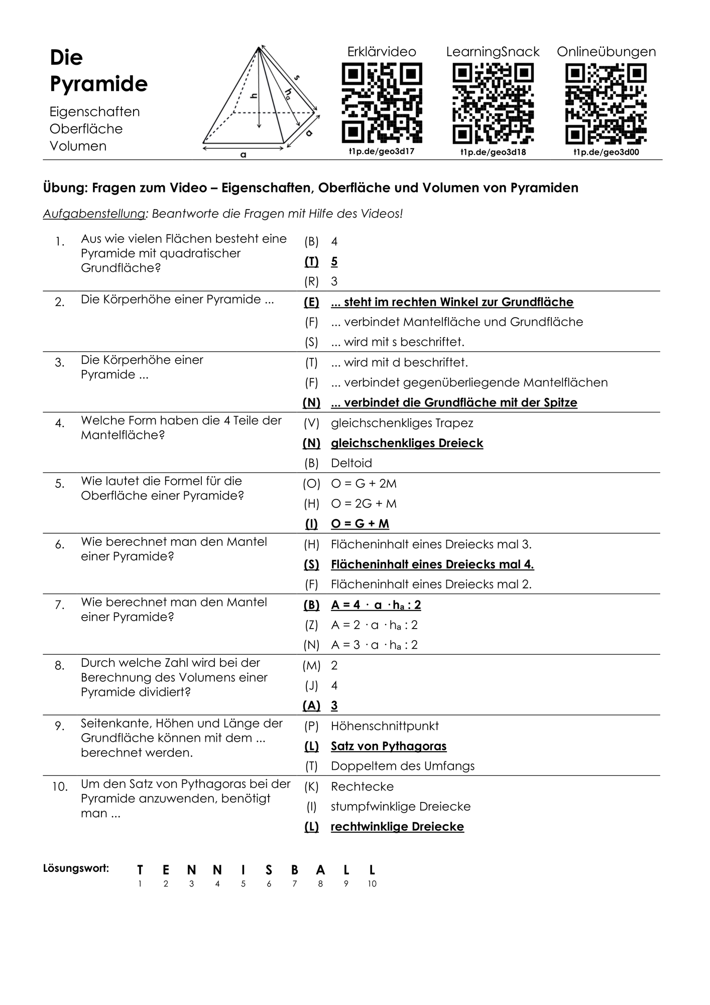 Arbeitsblatt "Die Pyramide" mit Erklärvideo, Lösungen und Onlineübungen