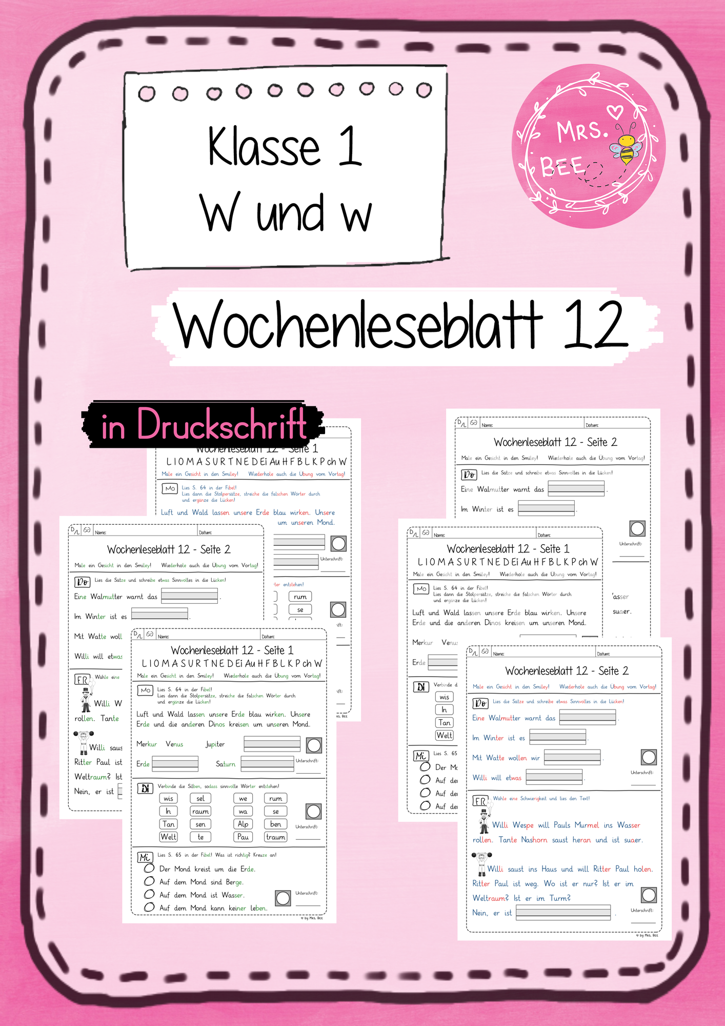 Wochen-Leseblatt 12 - W und w - Frohes Lernen in Druckschrift