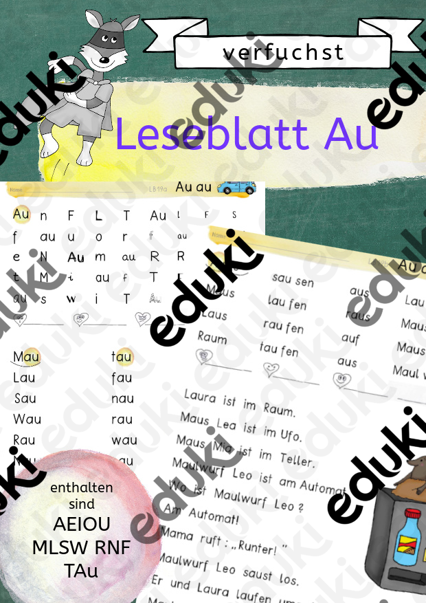 Leseblatt Au: Buchstaben, Silben, Wörter, Sätze - AEIOU MLSWRNFTAu
