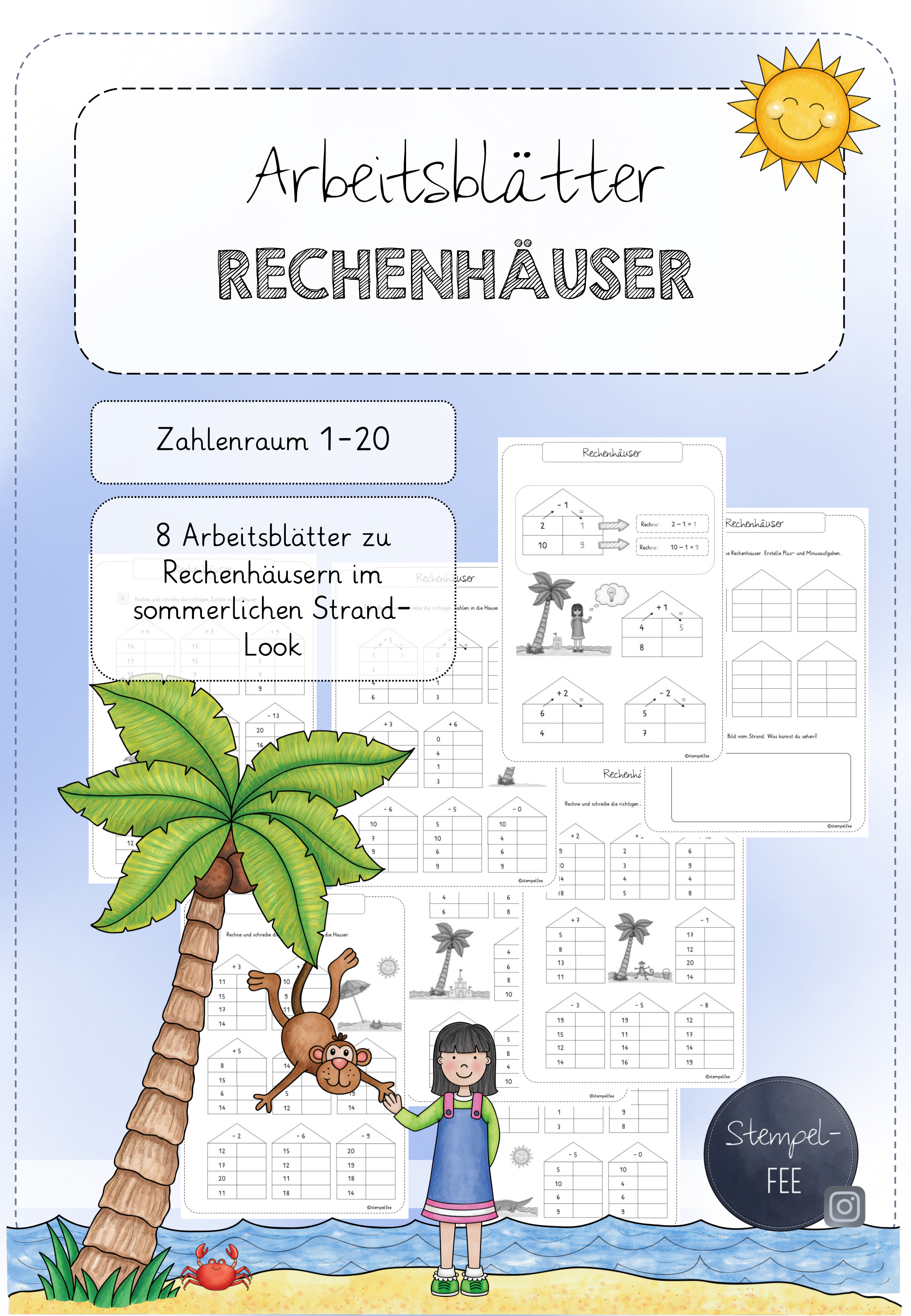 Rechenhäuser-Arbeitsblätter Addition und Subtraktion ZR 20