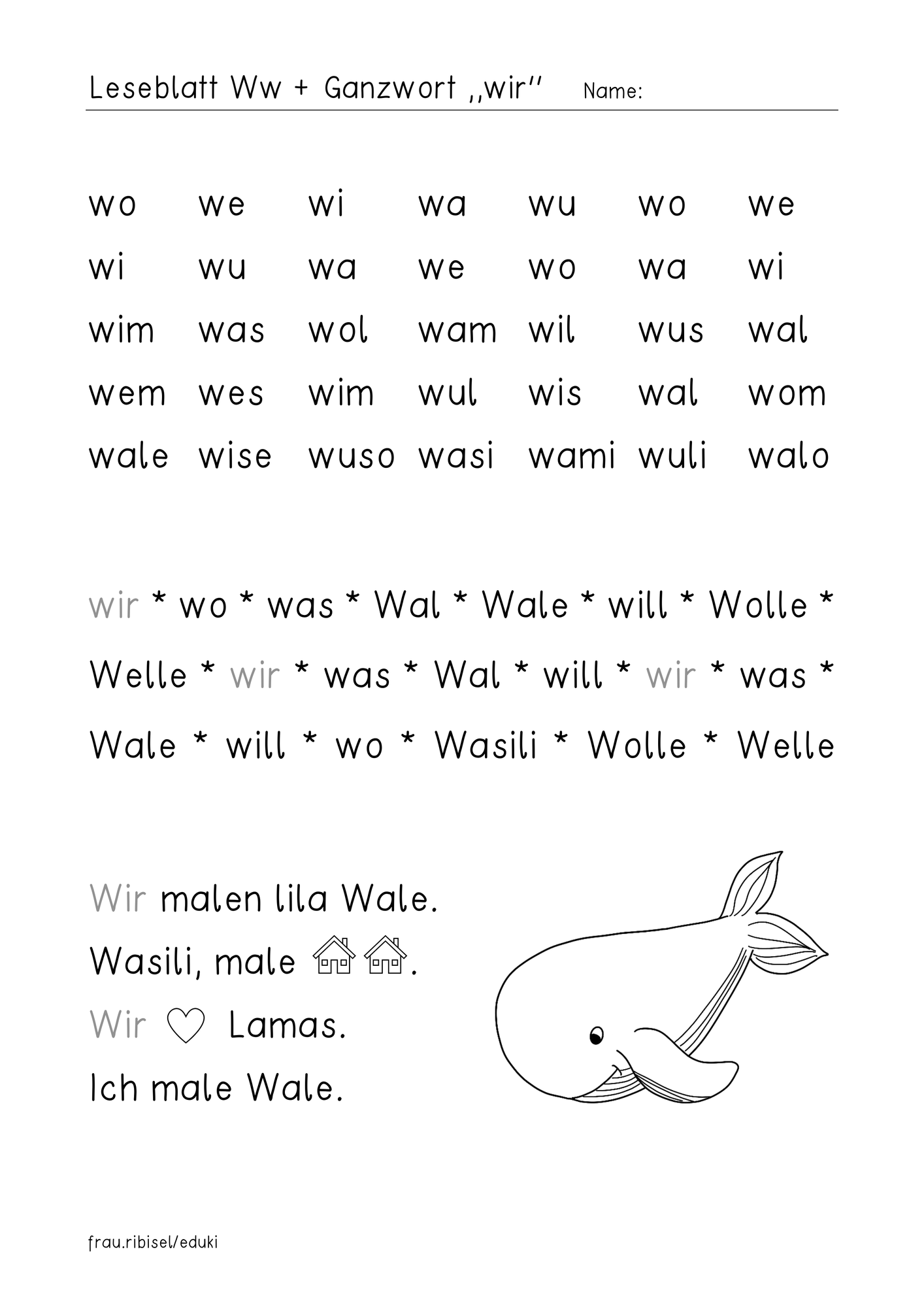 Leseblatt W w für Klasse 1 – Unterrichtsmaterial im Fach Deutsch