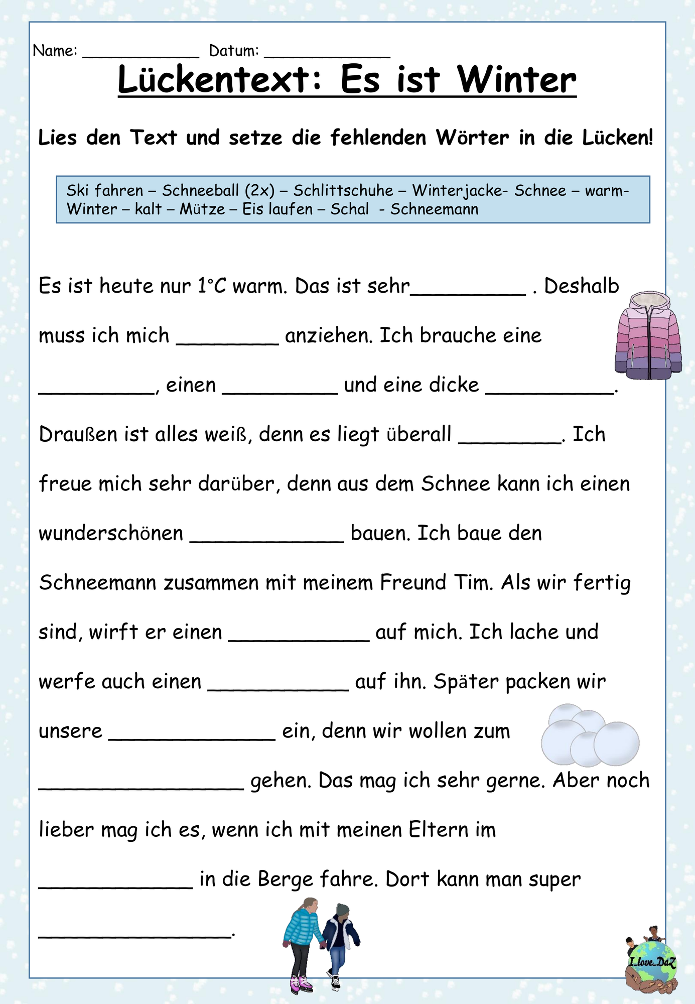 Lückentext "Es ist Winter" DaZ / Deutsch – Unterrichtsmaterial im Fach ...