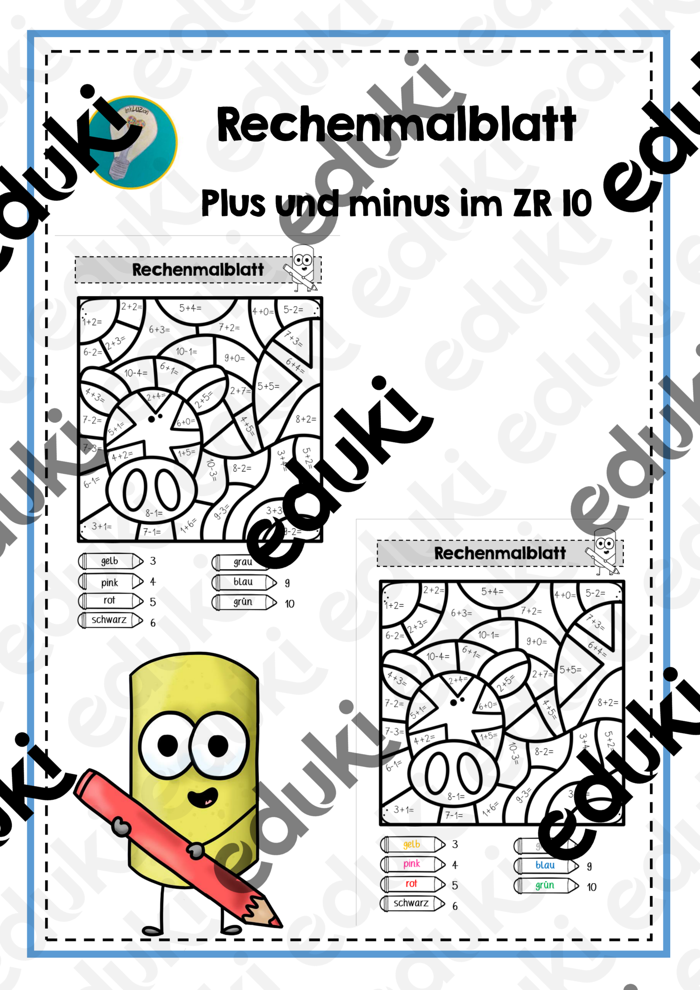 Rechenmalblatt: Plus und minus im Zahlenraum 10 – Unterrichtsmaterial ...