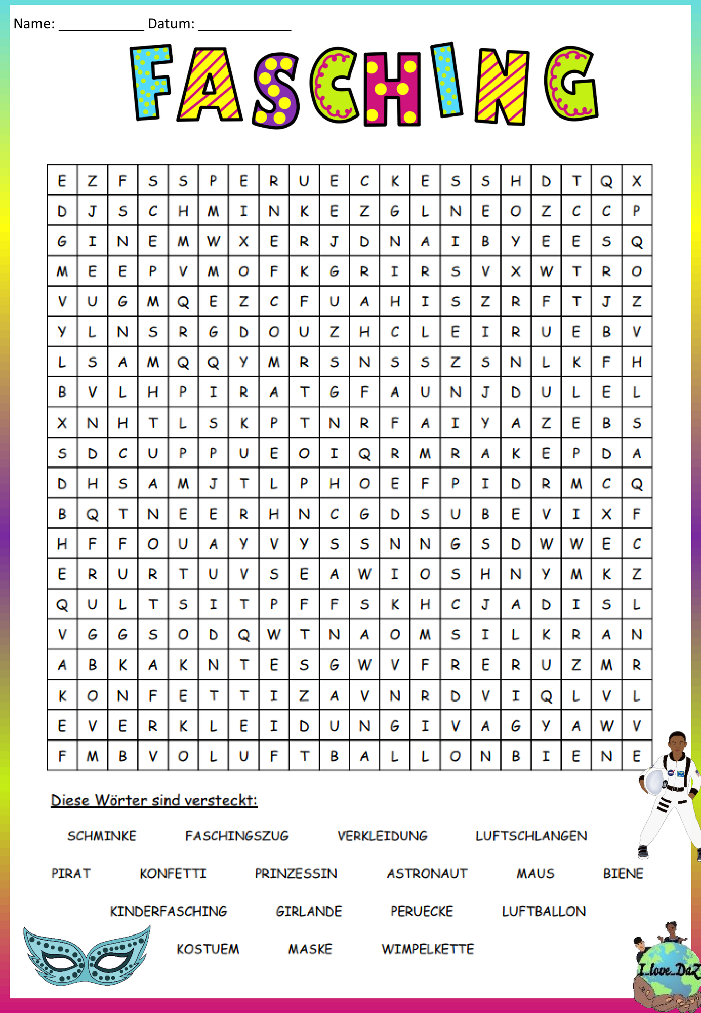 Suchsel / Suchspiel "Fasching / Karneval" DaZ / Deutsch