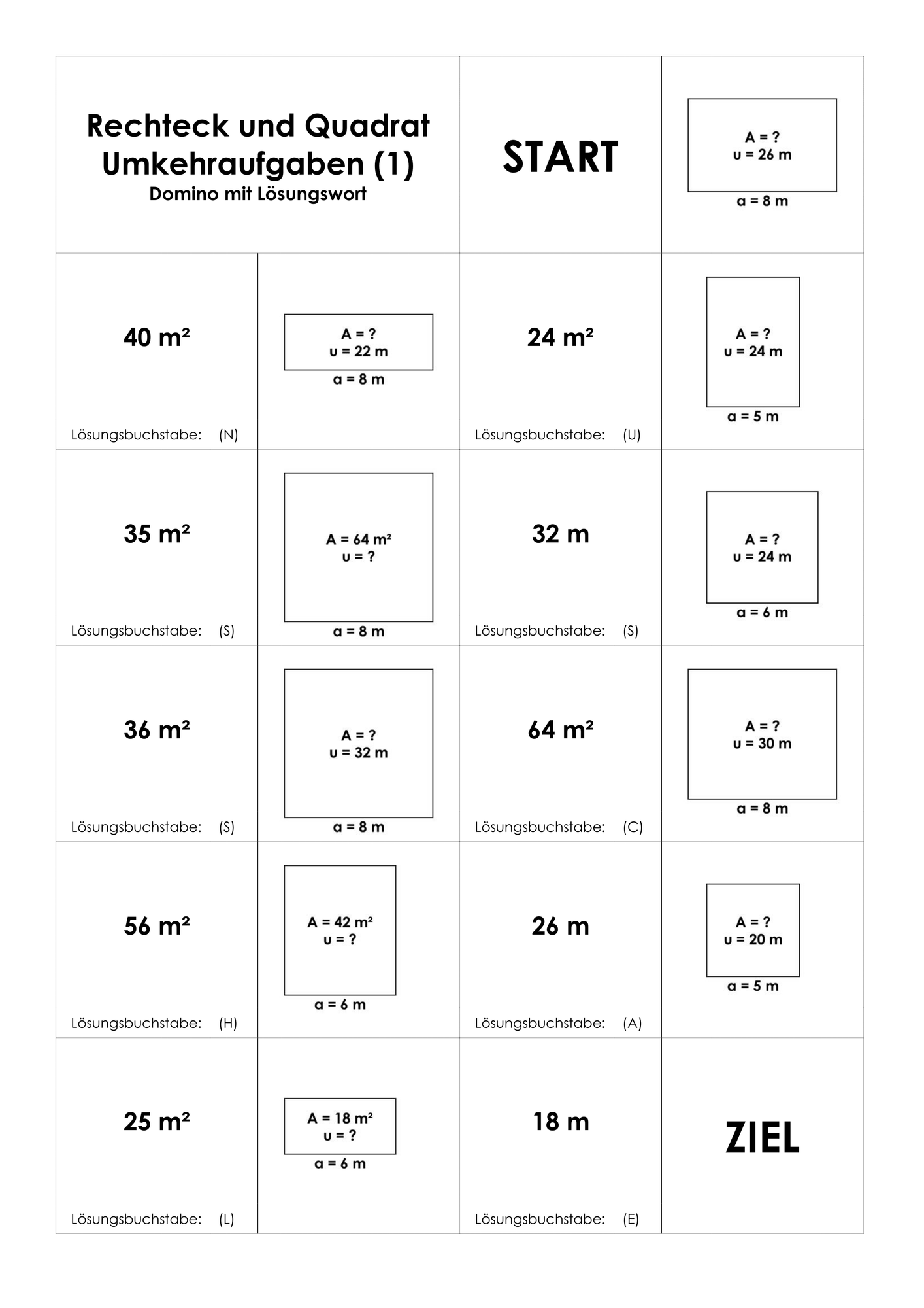 Umkehraufgaben zu Rechteck und Quadrat - Dominos – Unterrichtsmaterial