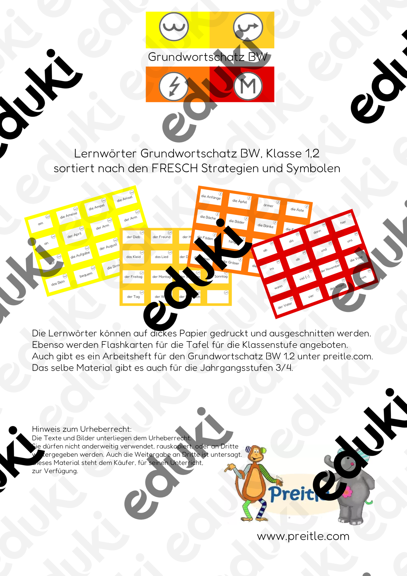 Lernwörter Karteikarten Grundwortschatz BW Klasse 1/2