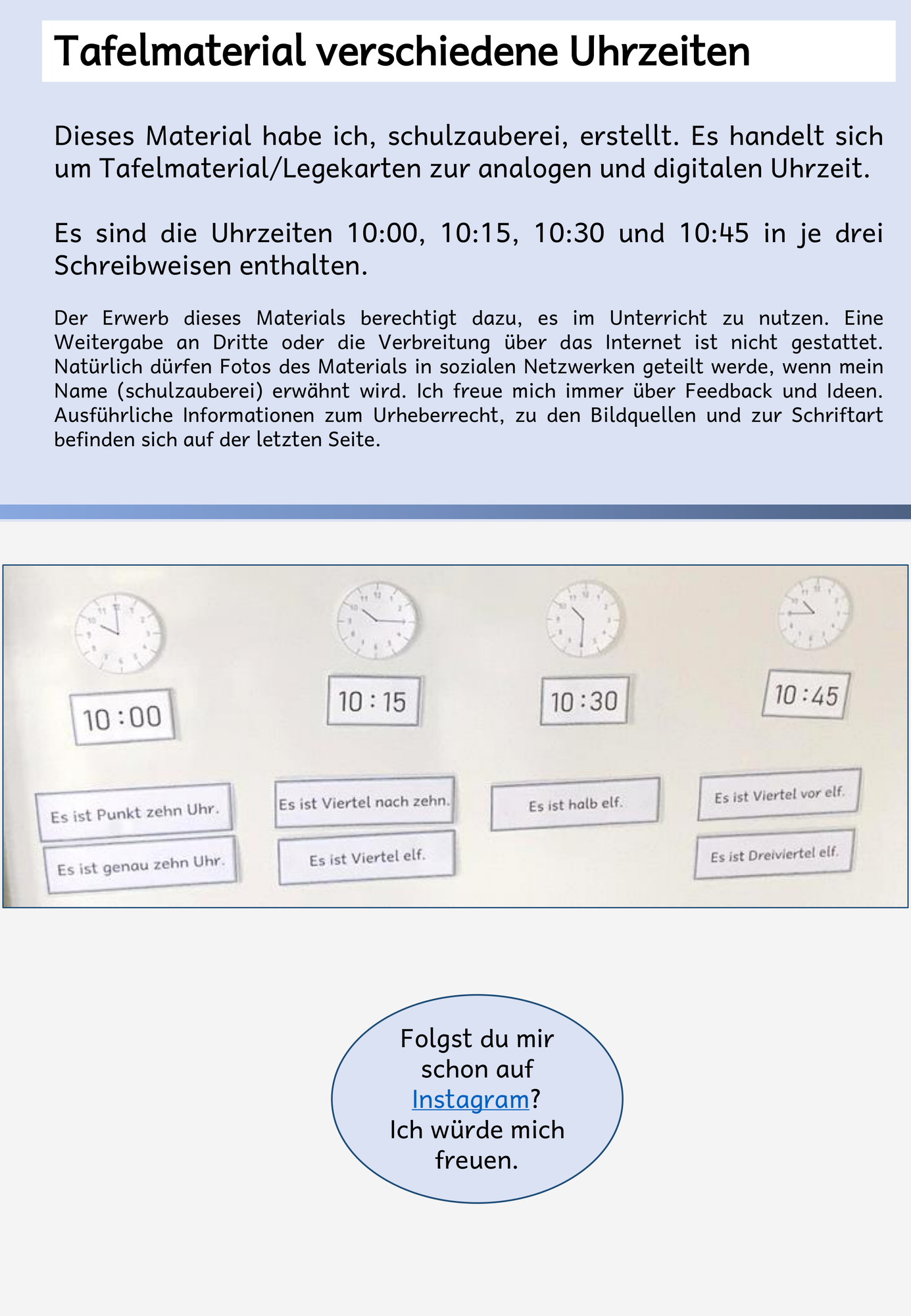 Tafelmaterial verschiedene Uhrzeiten – Unterrichtsmaterial im Fach