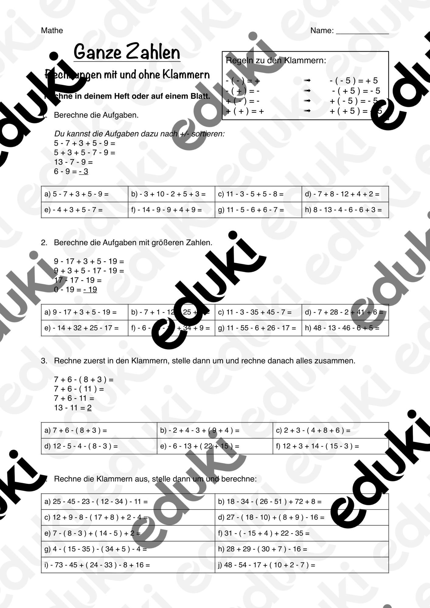 Mathe - Arbeitsblatt: Ganze Zahlen (Aufgaben berechnen