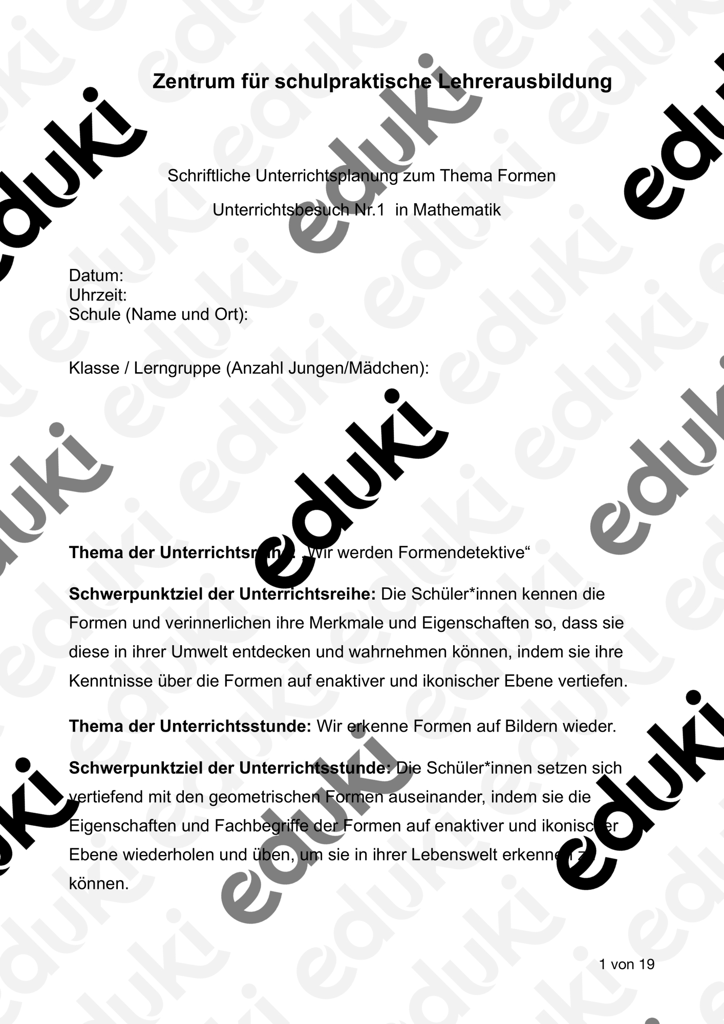 Formen Unterrichtsentwurf Klasse 1 – Unterrichtsmaterial im Fach Mathematik