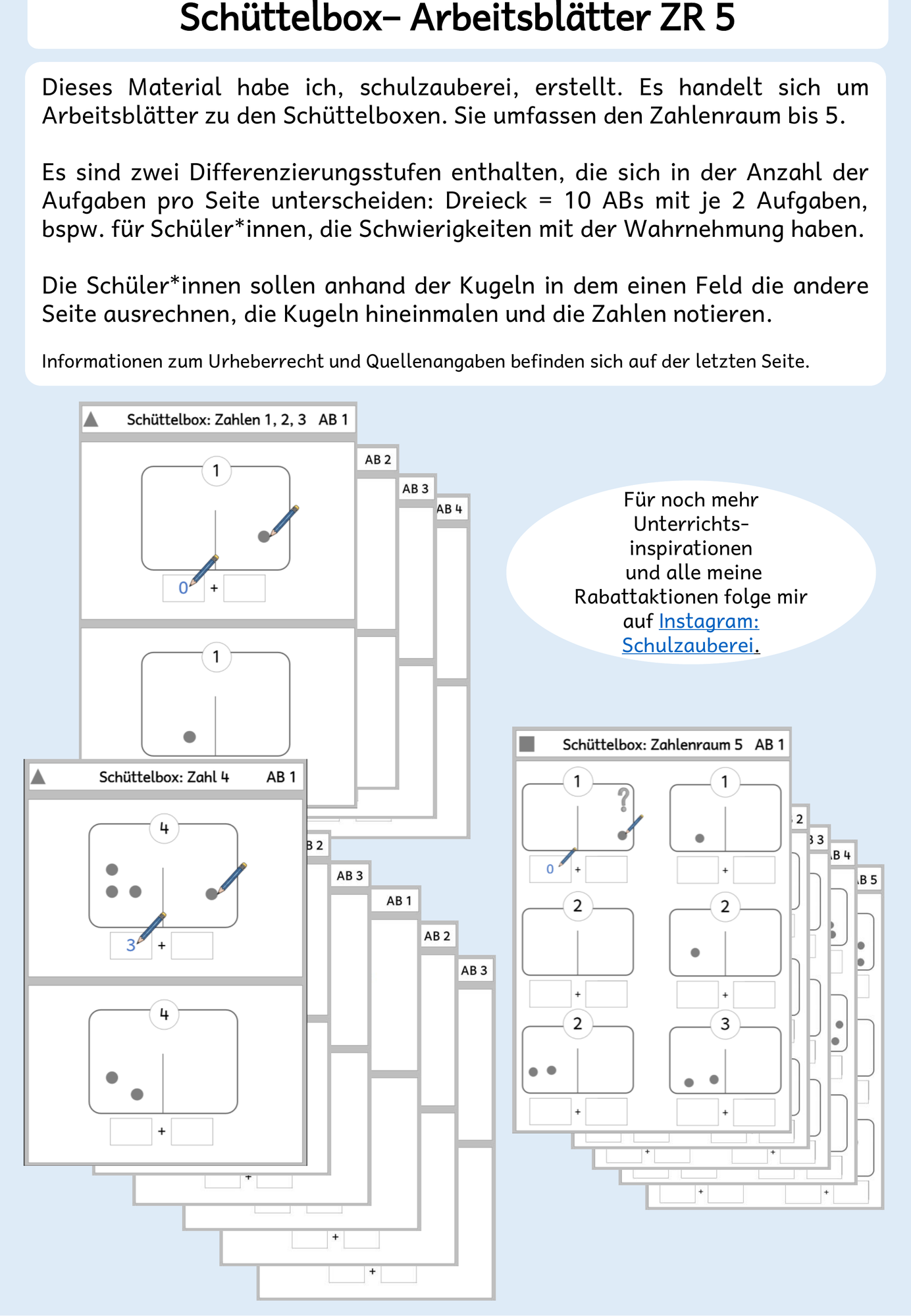 Schüttelbox Arbeitsblätter Zahlenraum 5 – Unterrichtsmaterial im Fach