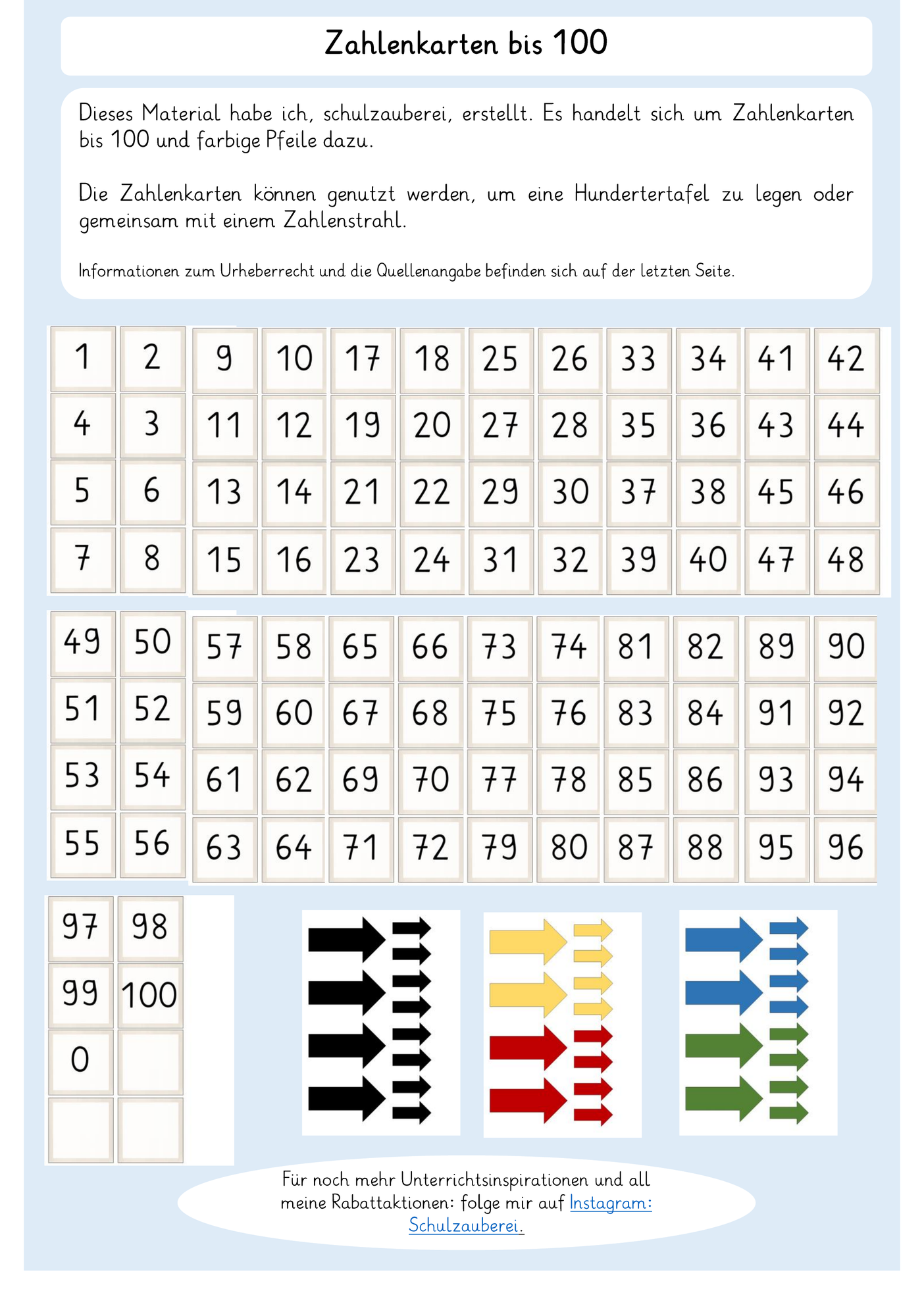 Zahlenkarten bis 100 – Unterrichtsmaterial im Fach Mathematik