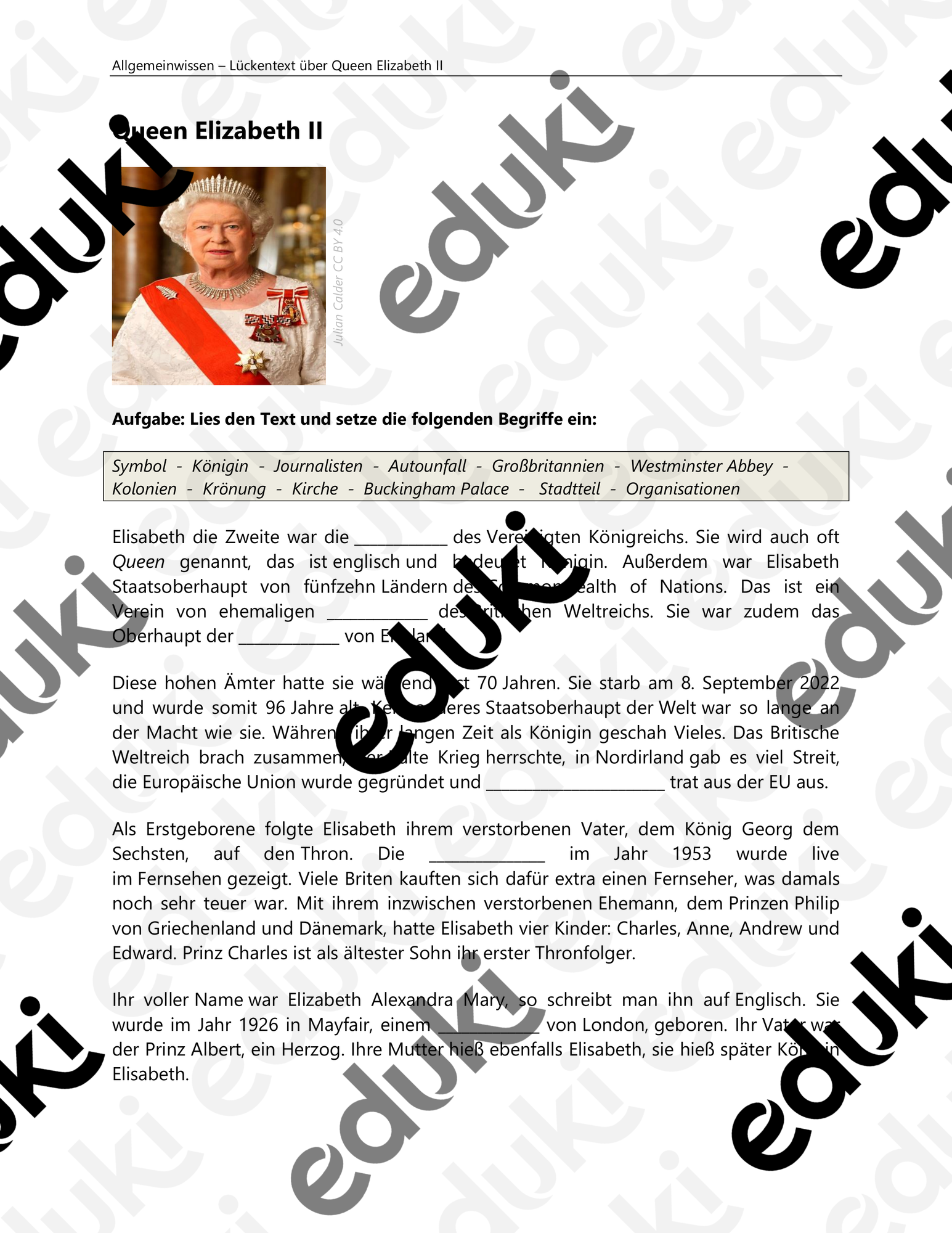 Queen Elizabeth II – Lückentext – Unterrichtsmaterial im Fach Englisch
