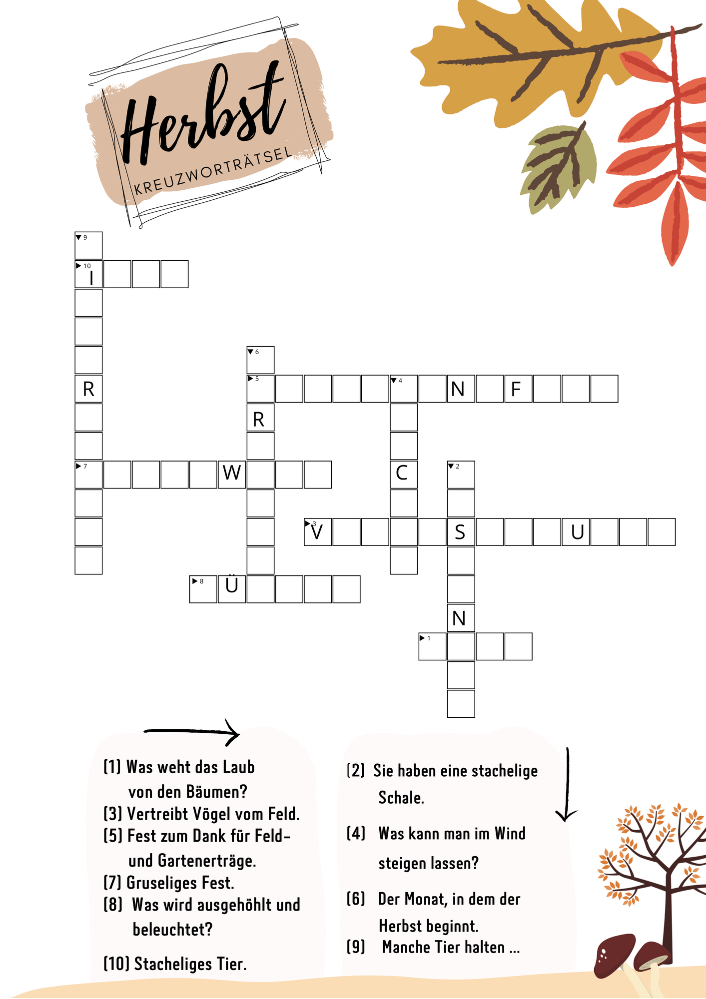 Kreuzwortrtsel Herbst  Unterrichtsmaterial im Fach Fachbergreifendes