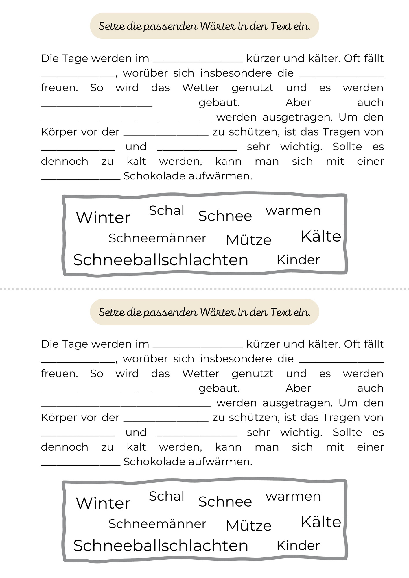 Leseverstehen Übung "Winter": Lückentext – Unterrichtsmaterial in den ...