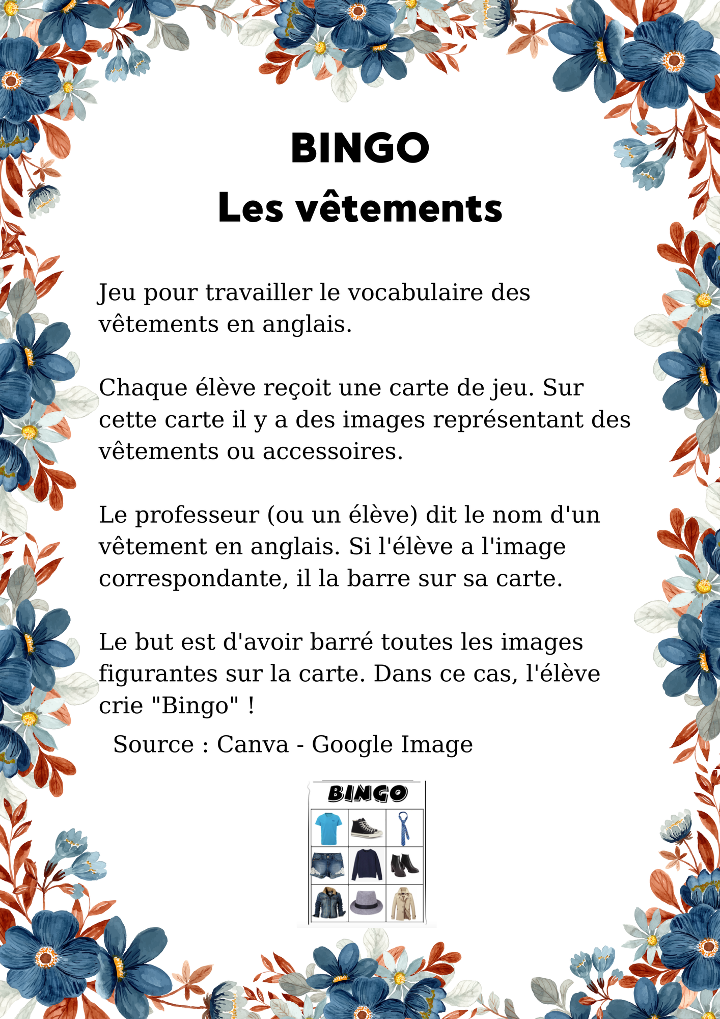 Bingo Vêtements Bingo clothes Ressource pédagogique pour ton