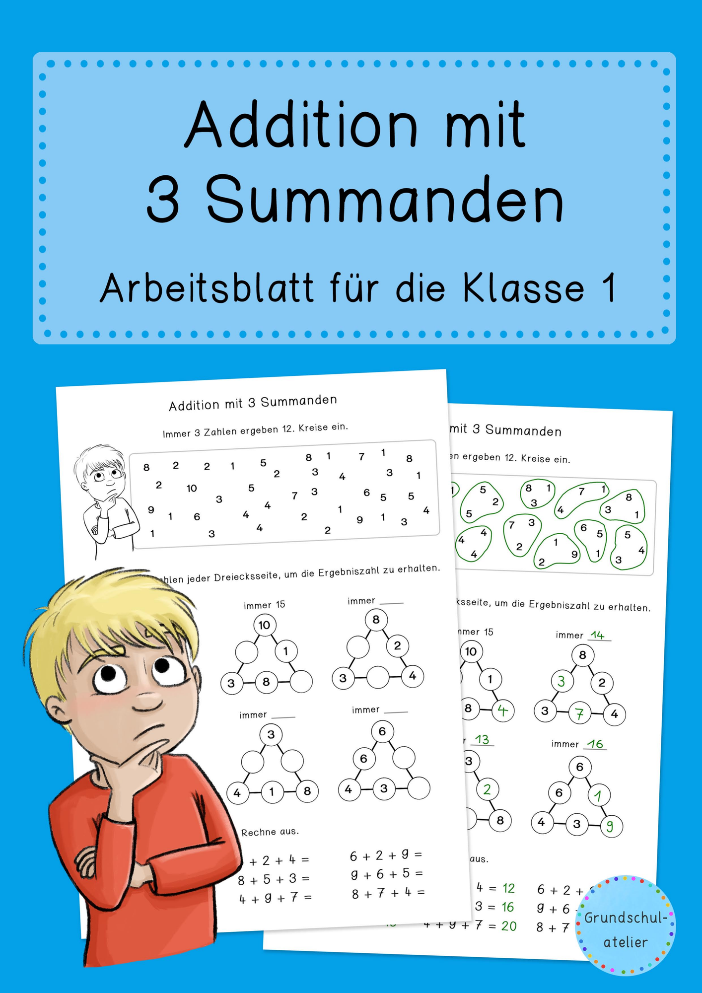 Addition mit 3 Summanden (Mathe, Klasse 1, Arbeitsblatt