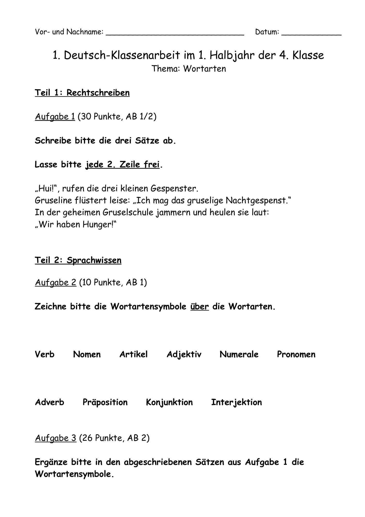 Klassenarbeit: Wortarten (Montessori), Klasse 3/4 – Unterrichtsmaterial