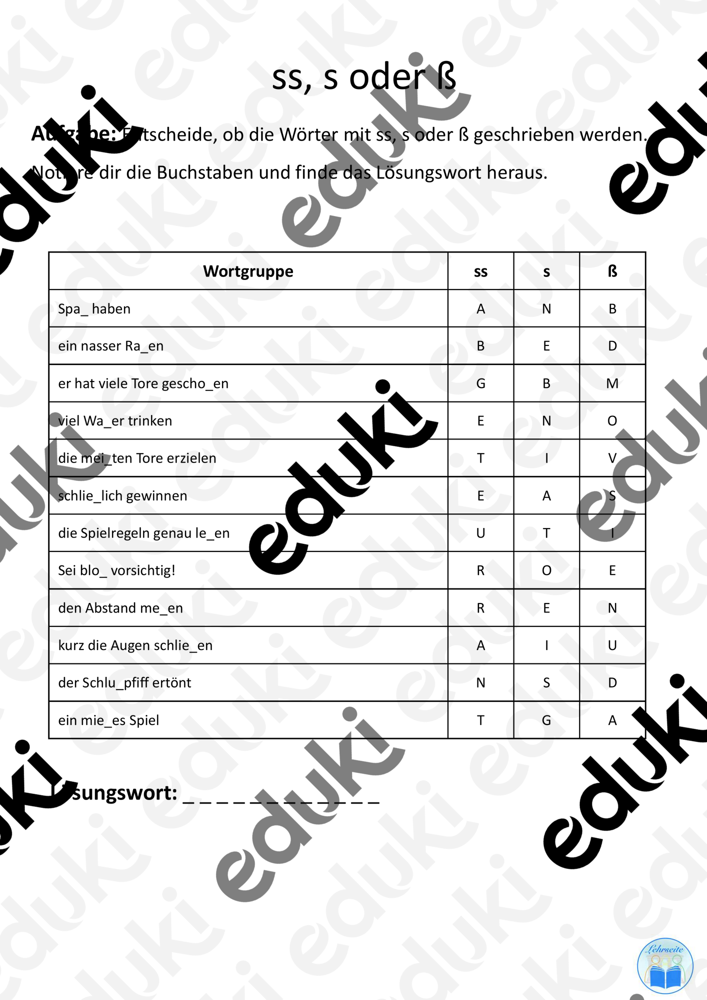 Arbeitsblatt ss, s, ß Schreibung – Unterrichtsmaterial im Fach Deutsch