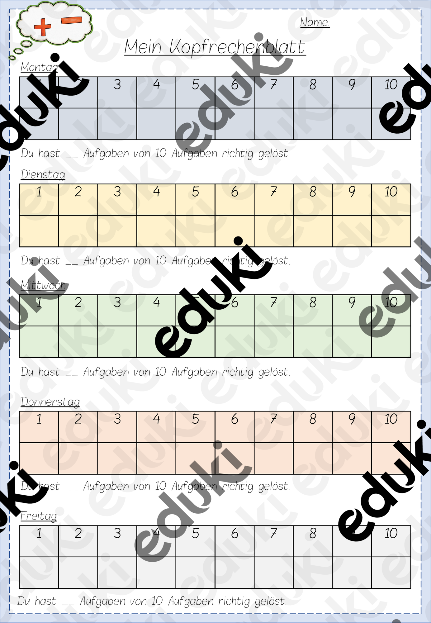 Kopfrechenblatt – Unterrichtsmaterial im Fach Mathematik