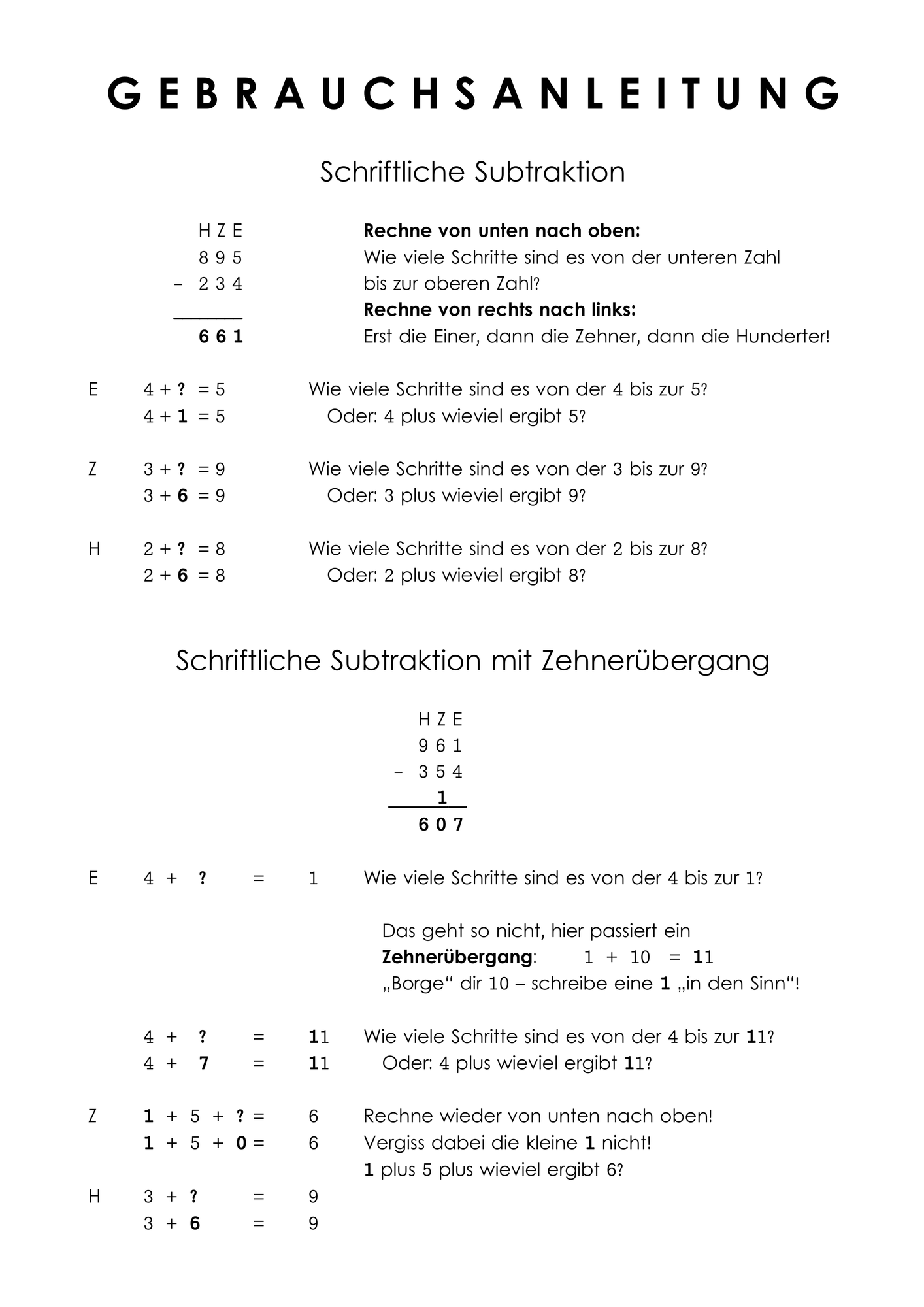 Anleitung: Schriftliche Subtraktion mit/ohne Übertrag