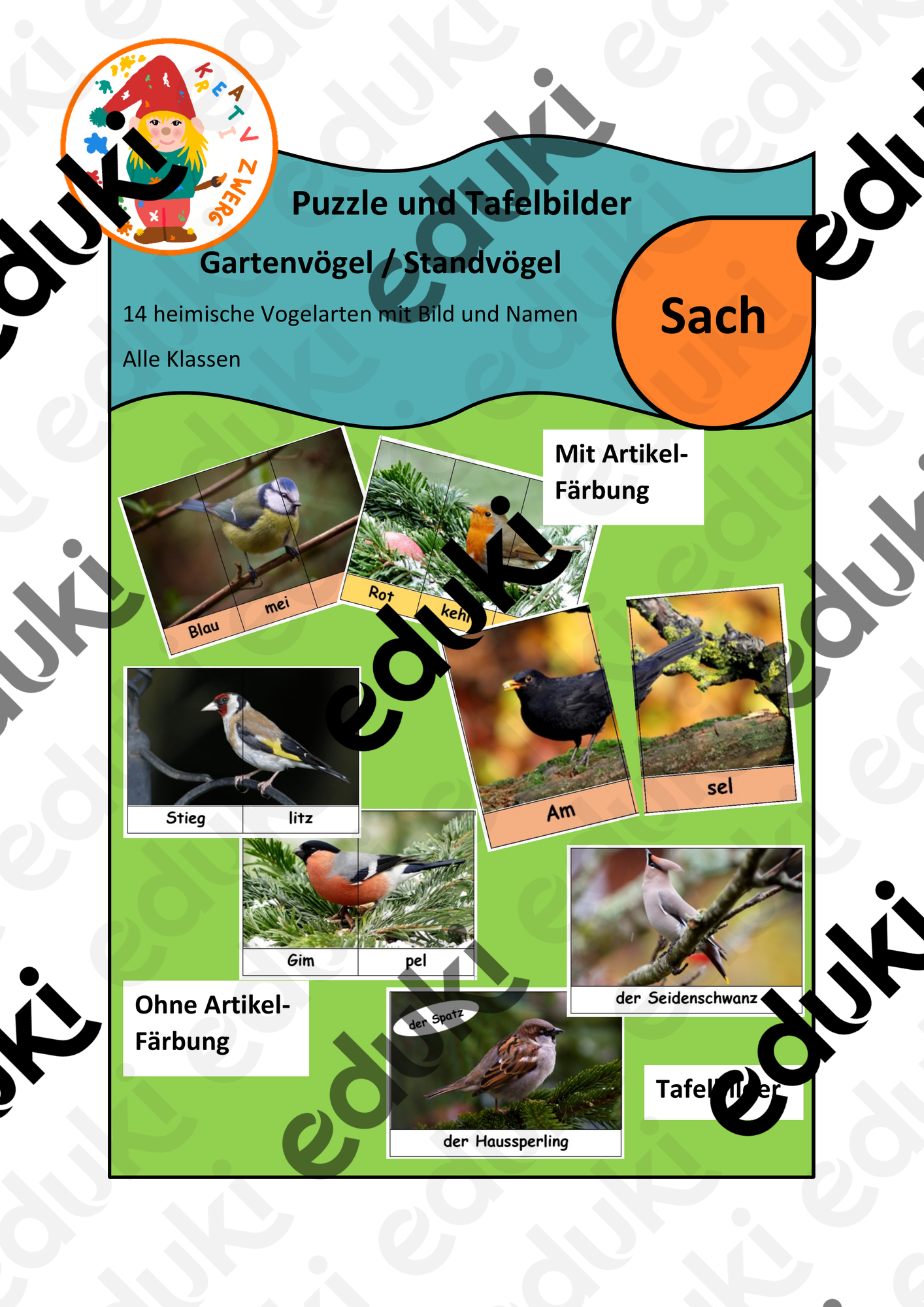 Standvögel und Gartenvögel Silben-Puzzle und Tafelbilder