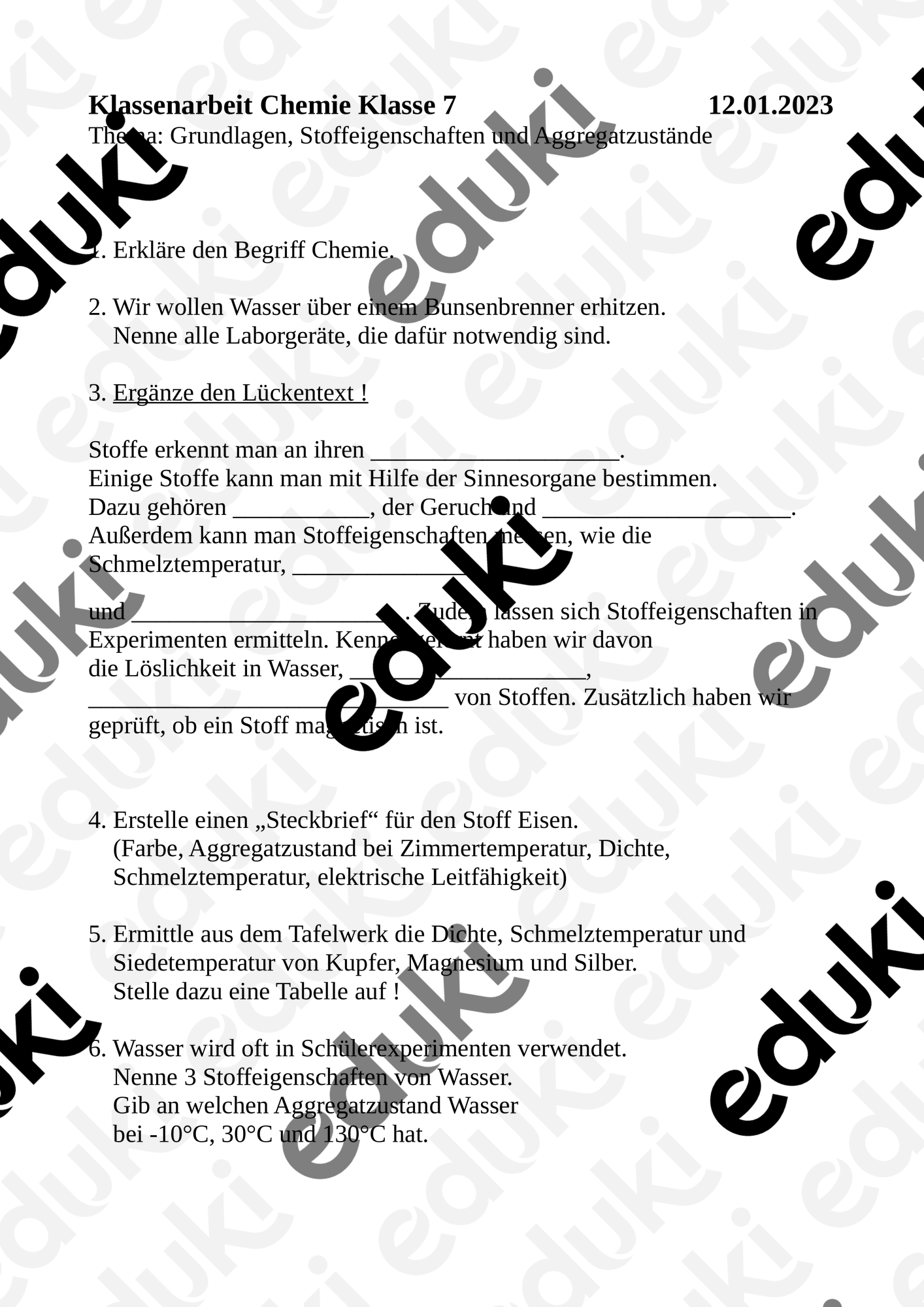 Klassenarbeit Klasse 7 Stoffe und ihre Eigenschaften und