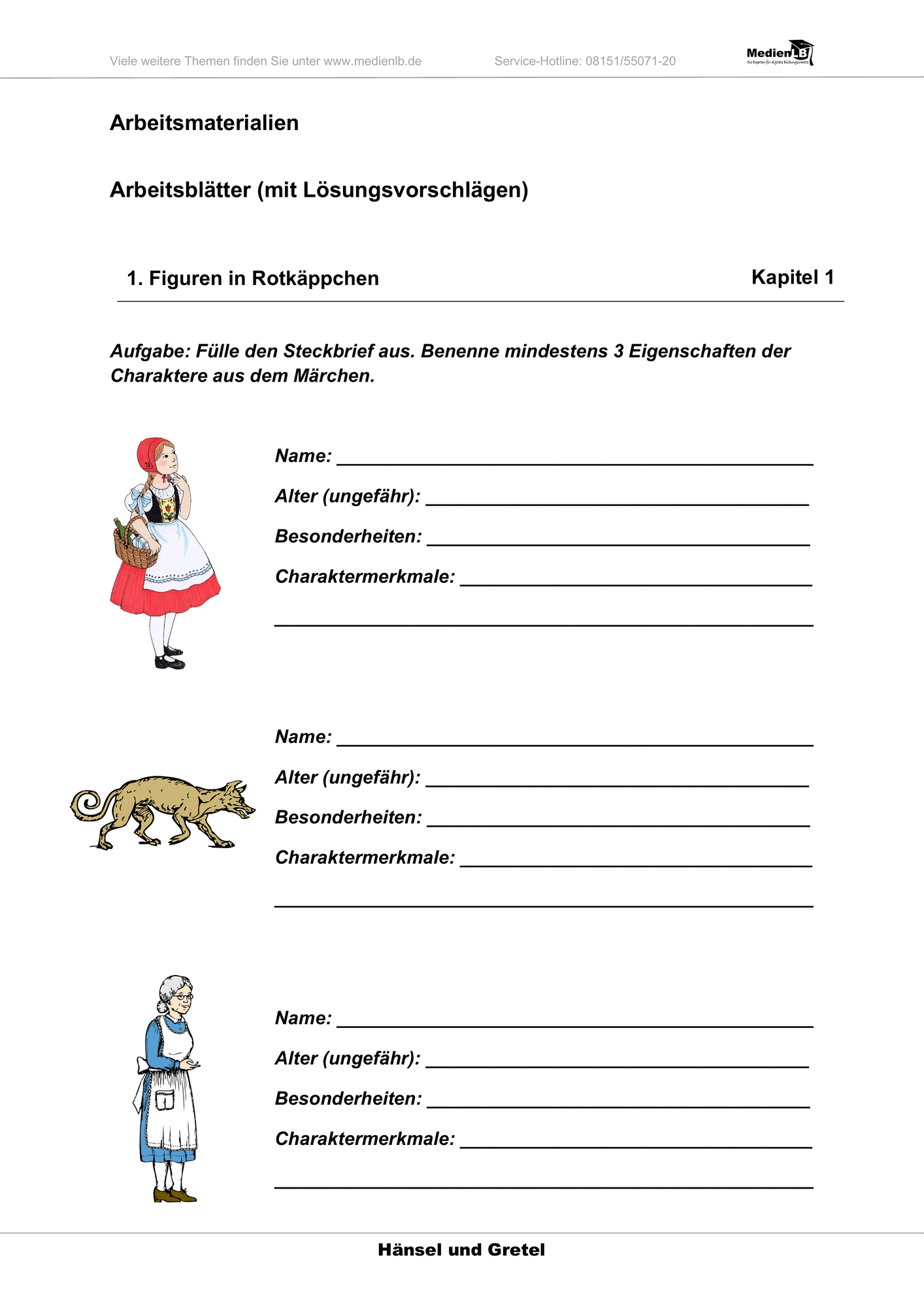 Hänsel und Gretel - Arbeitsblätter mit Lösungen – Unterrichtsmaterial