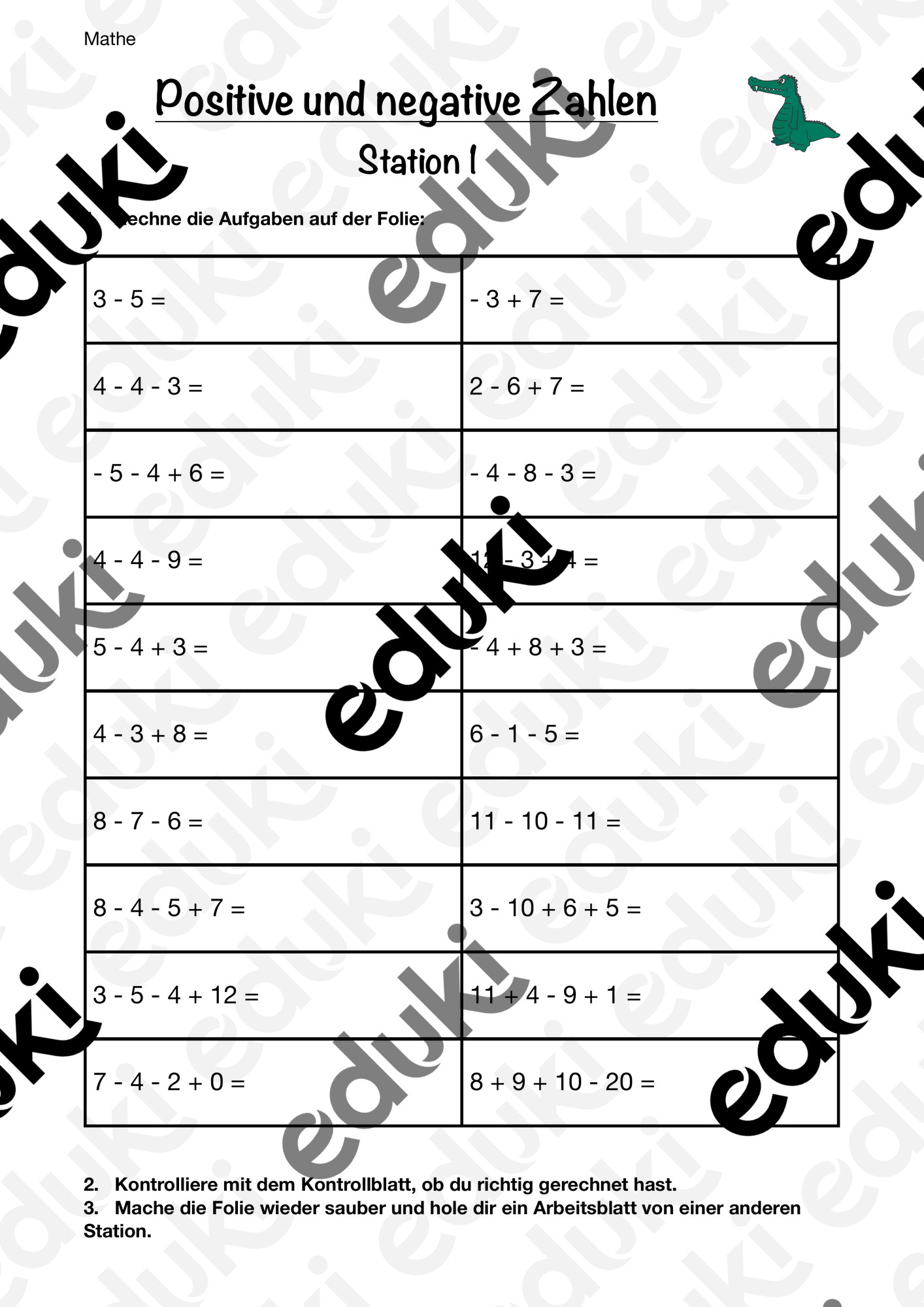 Mathe - Ganze Zahlen / Negative Zahlen: Stationen / Lerntheke