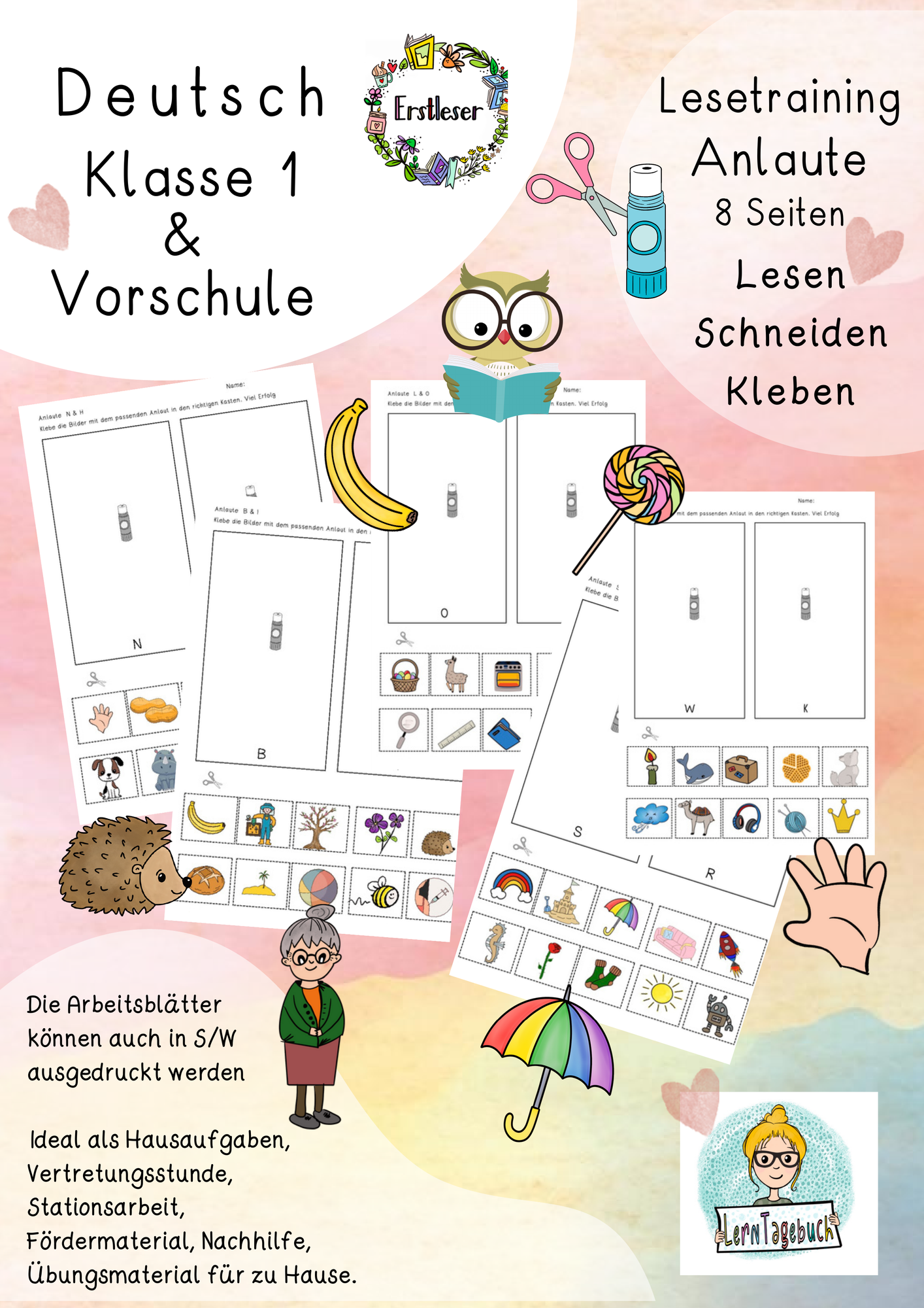 Deutsch 1.Klasse Anlaute - Lesen - Schneiden -Klebe, Laute