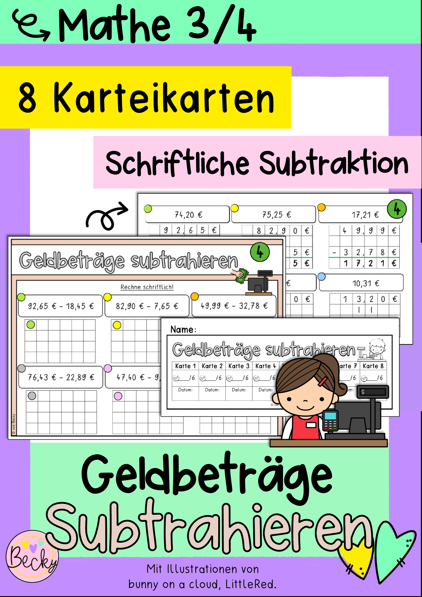Schriftliche Subtraktion mit Geldbeträgen (Kartei, 48 Aufgaben