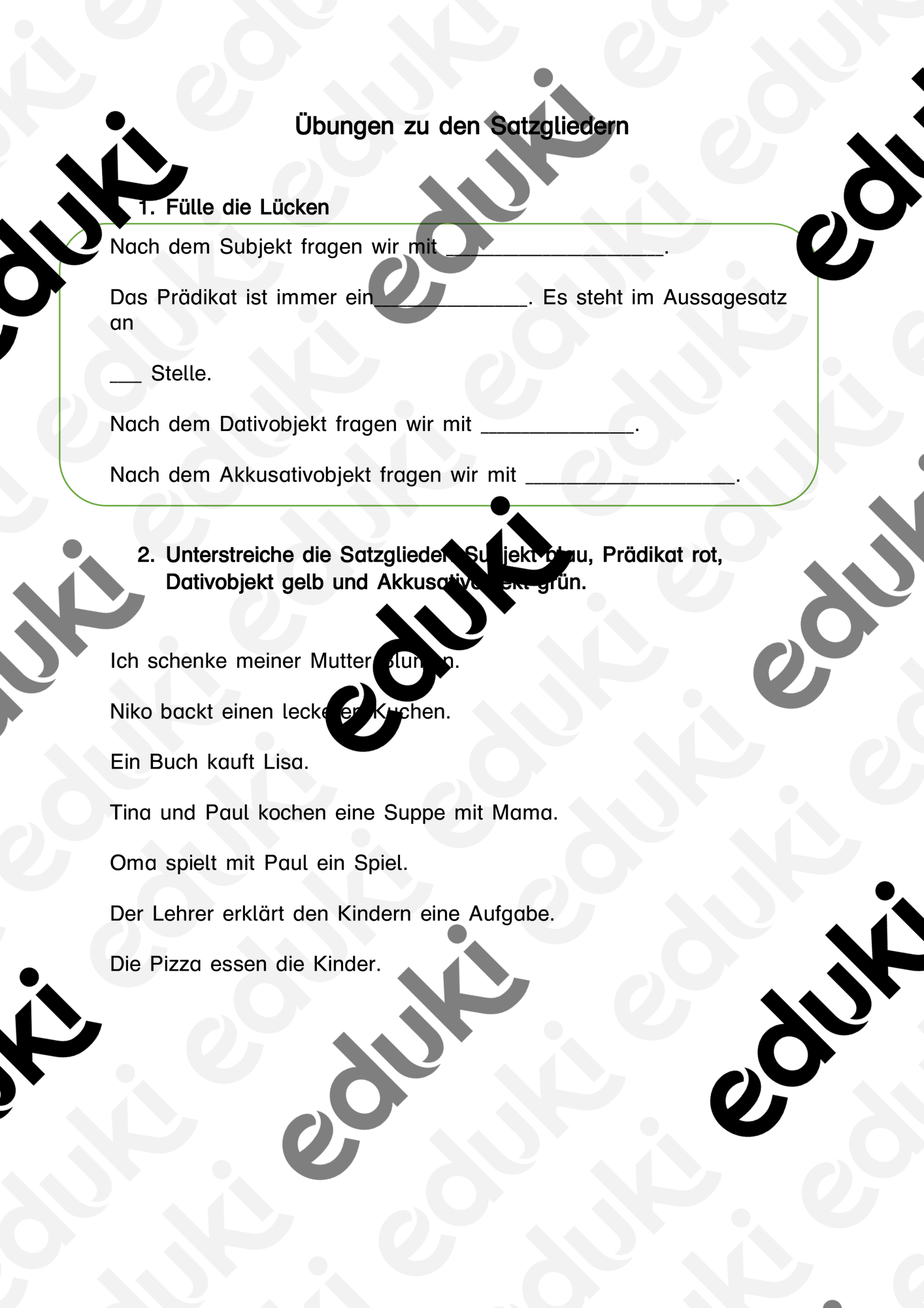 Übungen zu Satzgliedern (Subjekt, Prädikat, Objekt