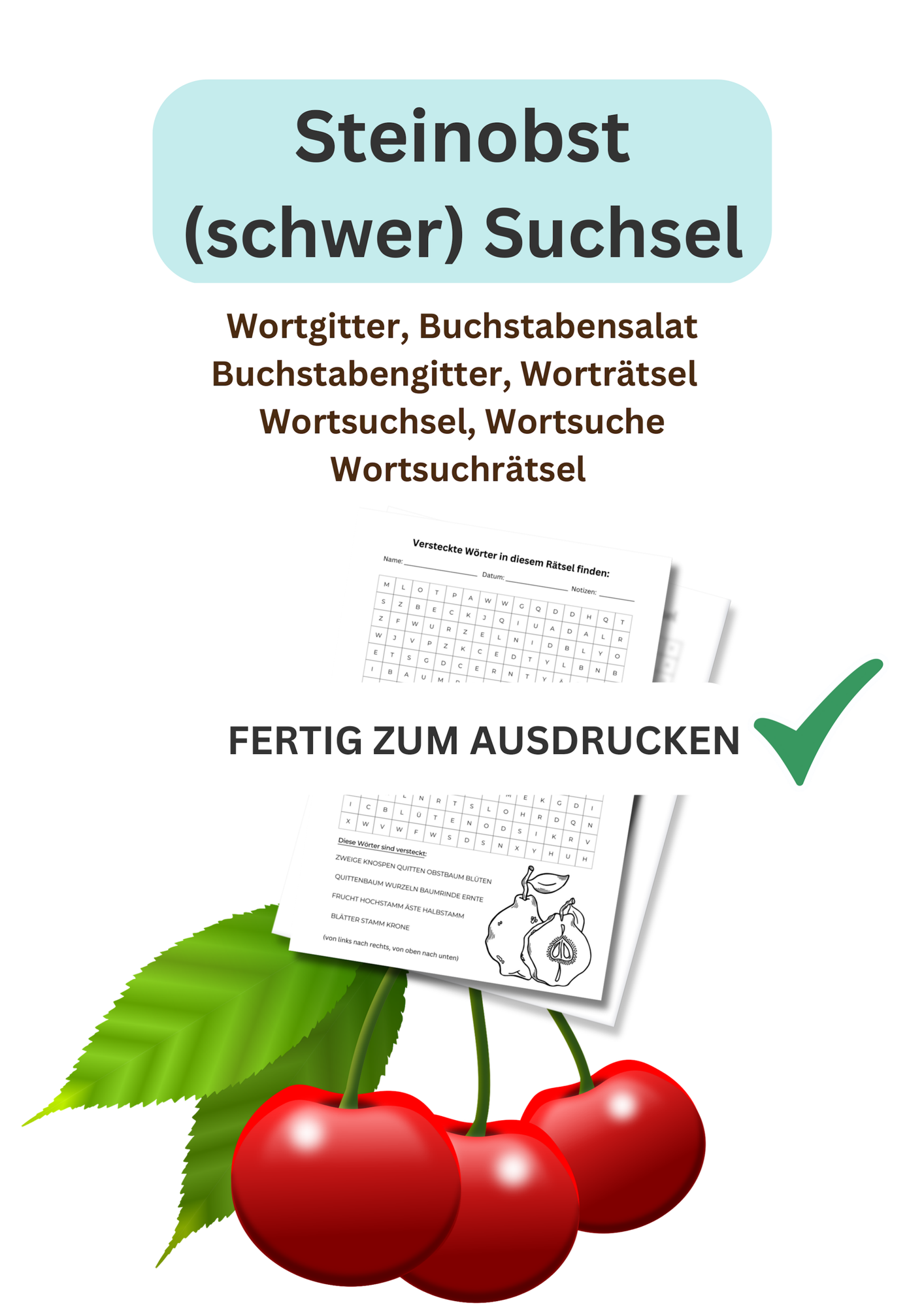 Steinobst, schwer, Suchsel, Wortgitter, Buchstabensalat