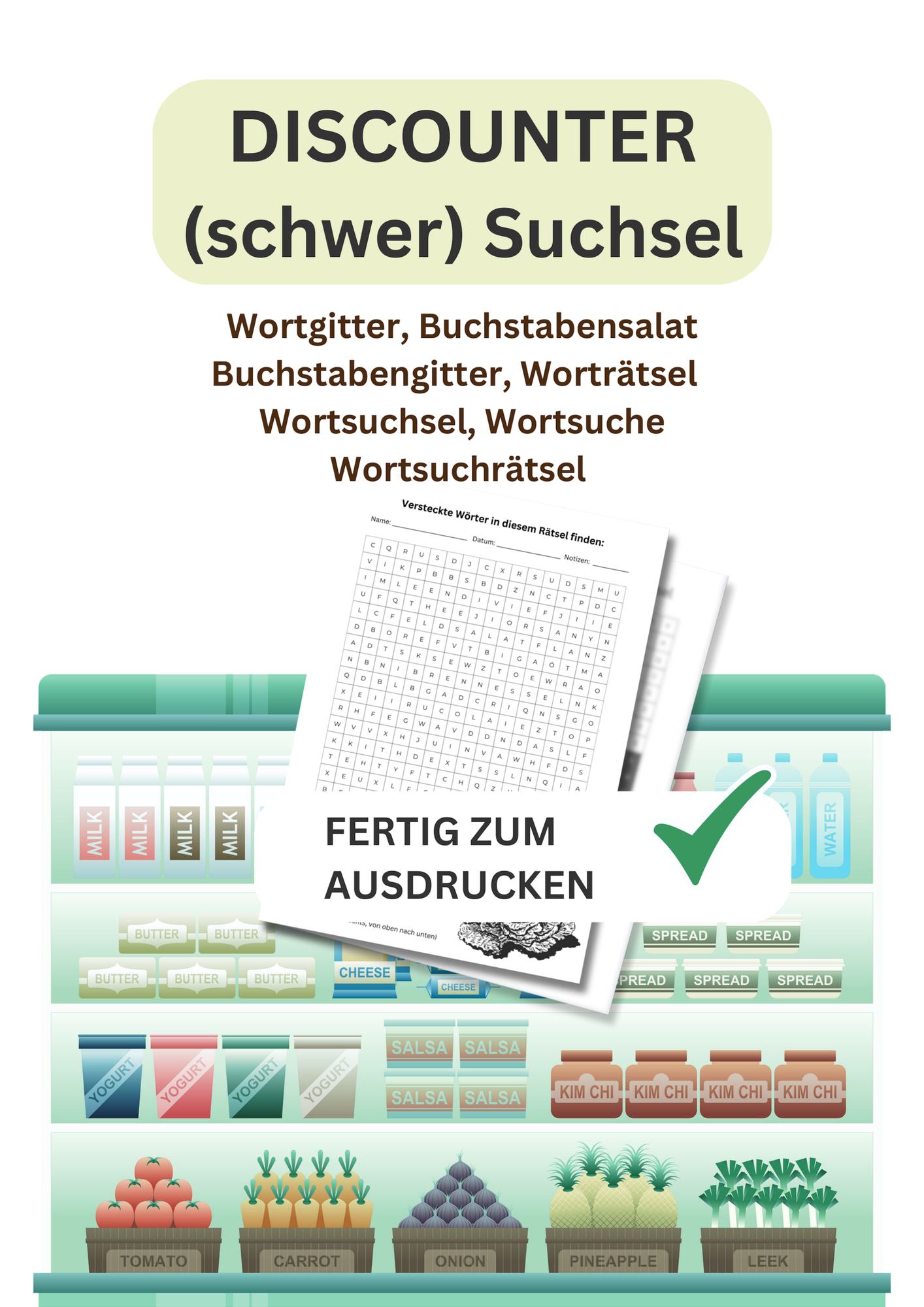 DISCOUNTER, schwer, Suchsel, Wortgitter, Buchstabensalat
