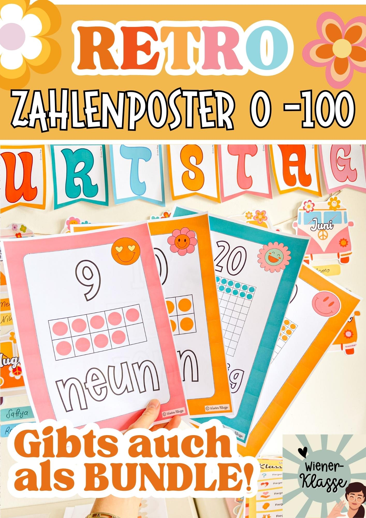 LERNPOSTER: Zahlenraum 1 bis 100 / Klassenraum Deko in Pastelll