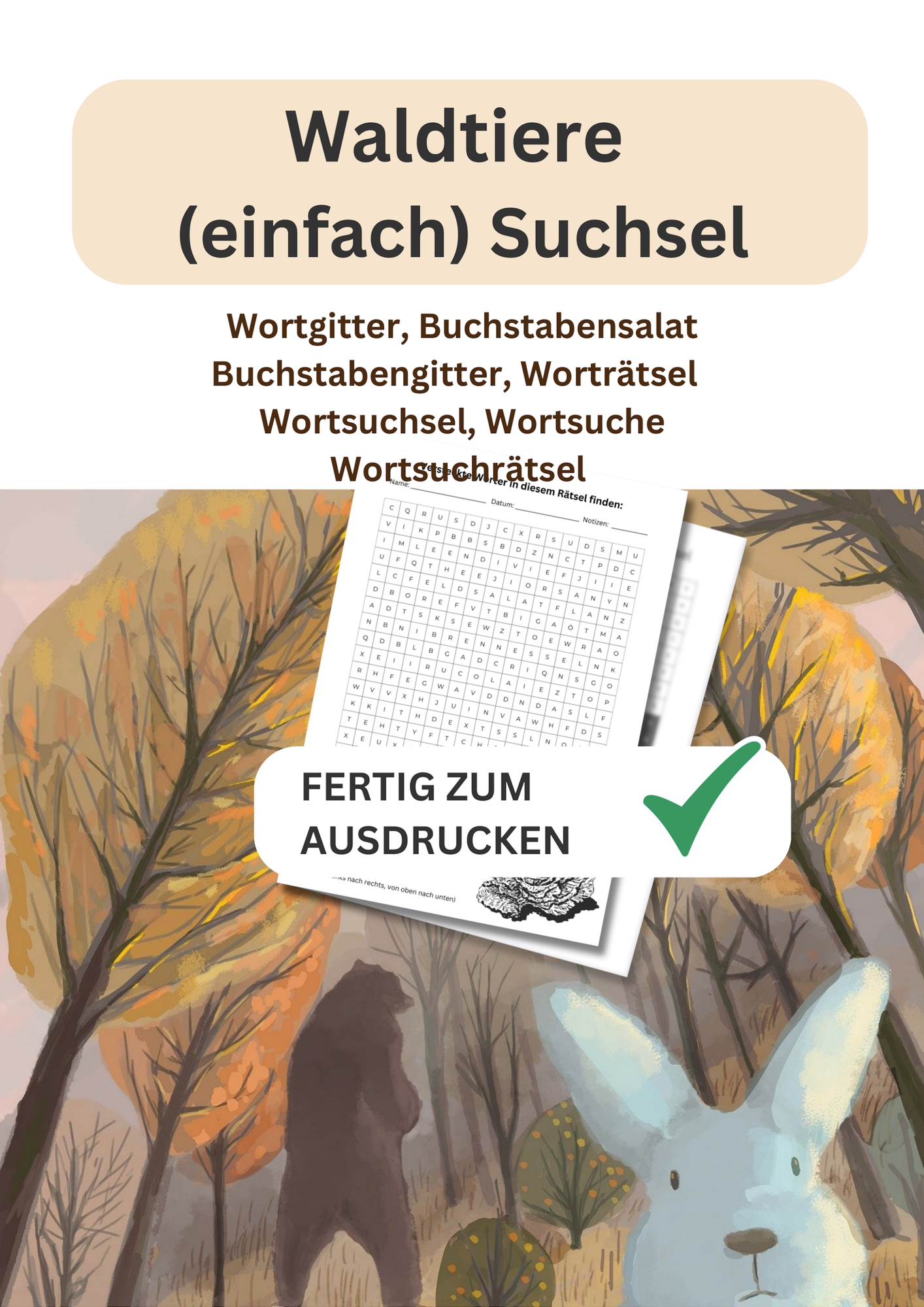 Waldtiere, Suchsel, einfach, Wortgitter, Buchstabensalat