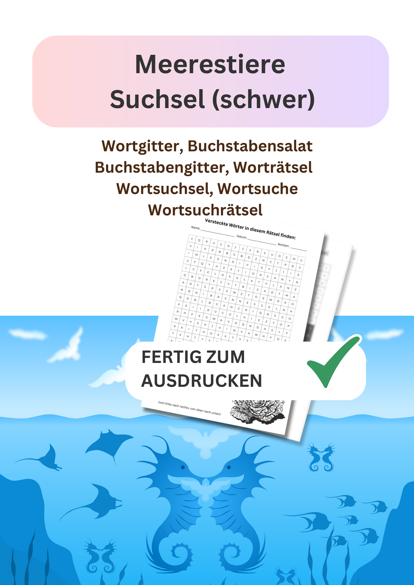 Meerestiere, Suchsel, schwer, Wortgitter, Buchstabensalat