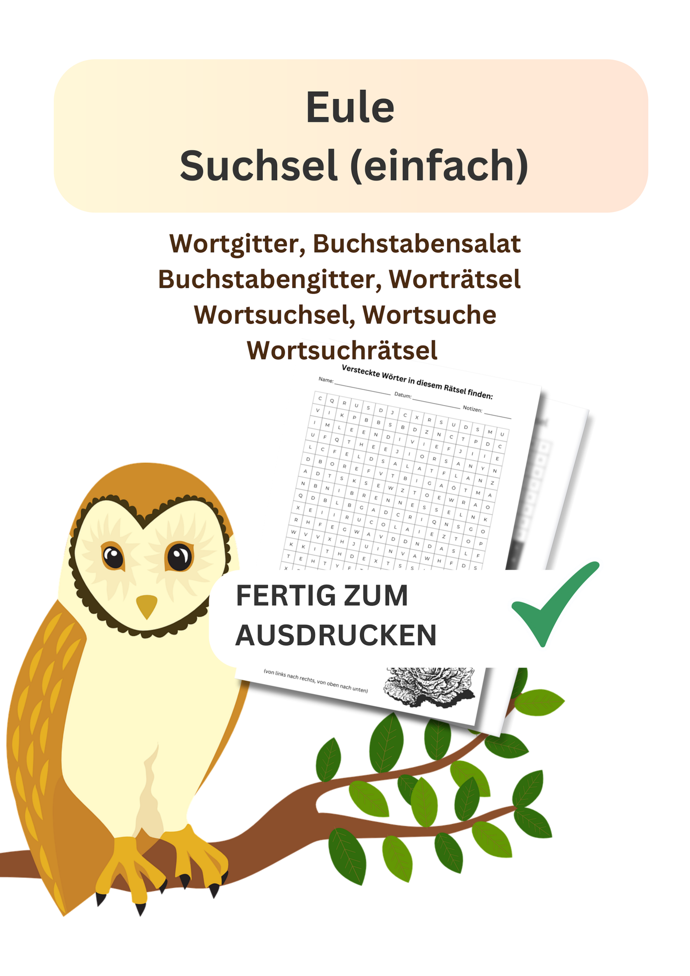 Eule, Suchsel, einfach, Wortgitter, Buchstabensalat, Buchstabengitter