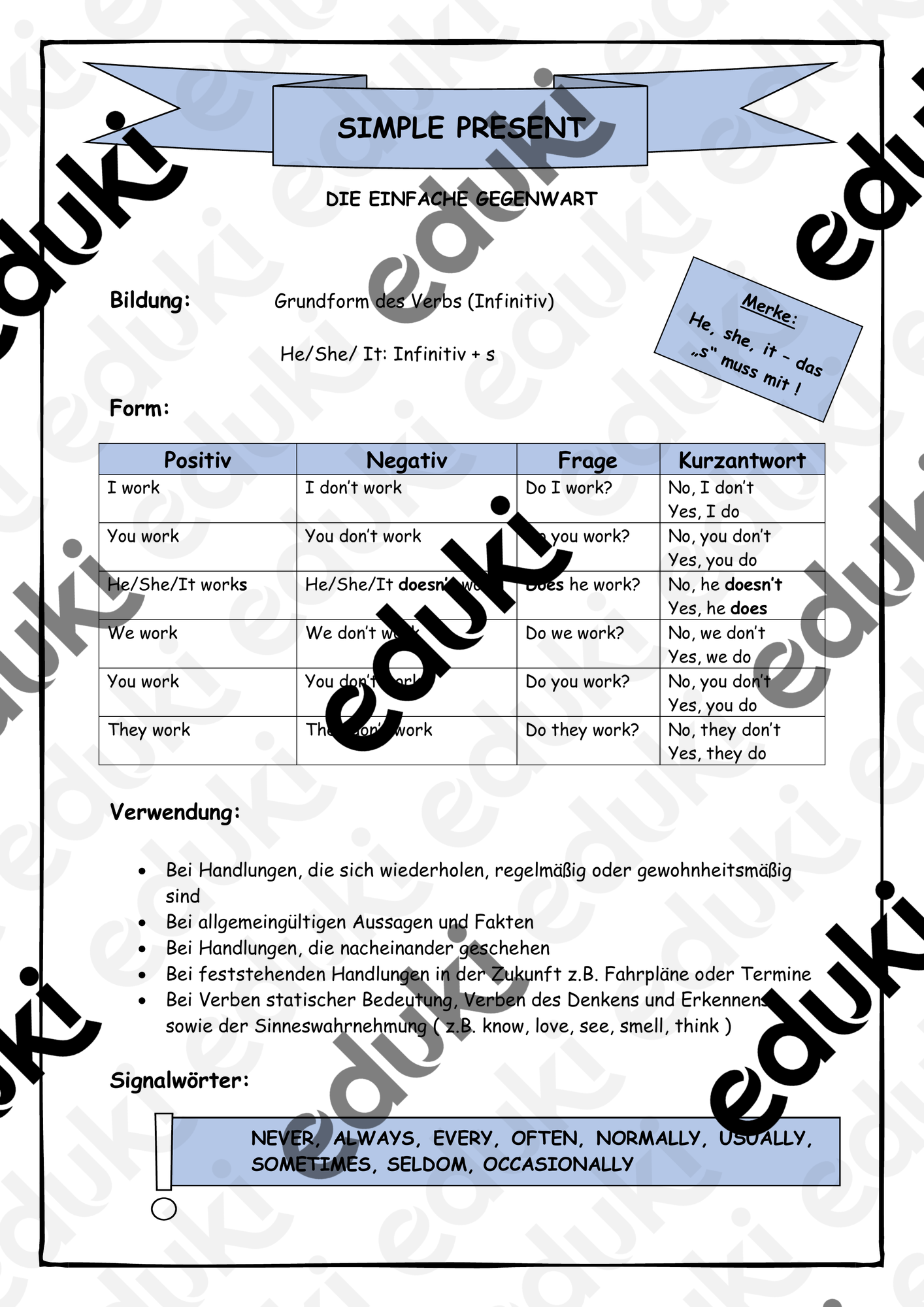 Simple Present - Merkblatt – Unterrichtsmaterial im Fach Englisch