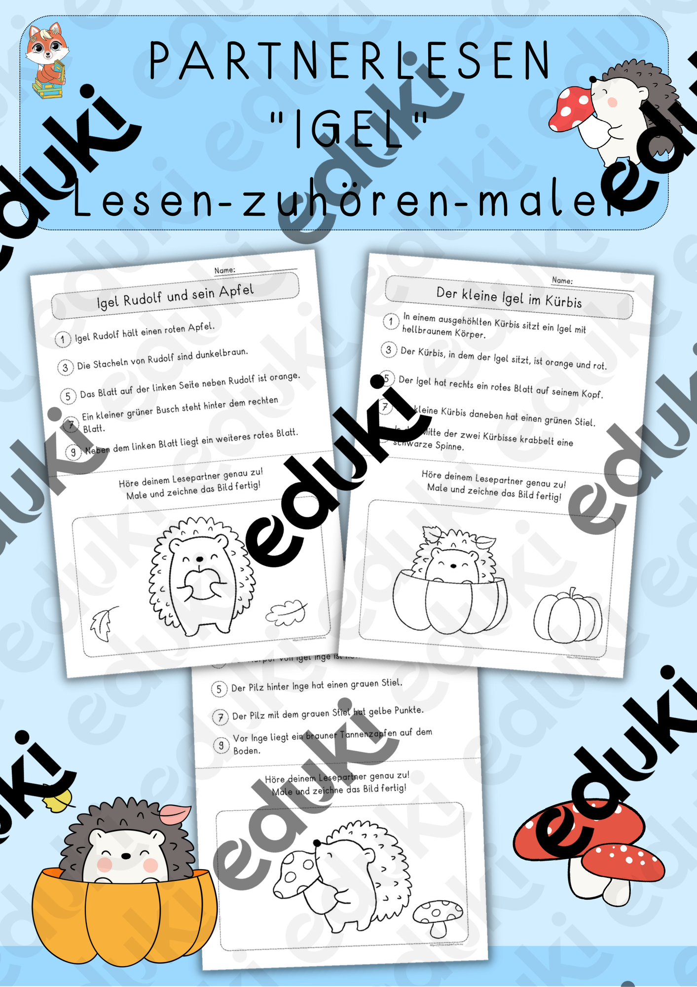 Partnerlesen Igel im Herbst, lesen und malen – Unterrichtsmaterial im
