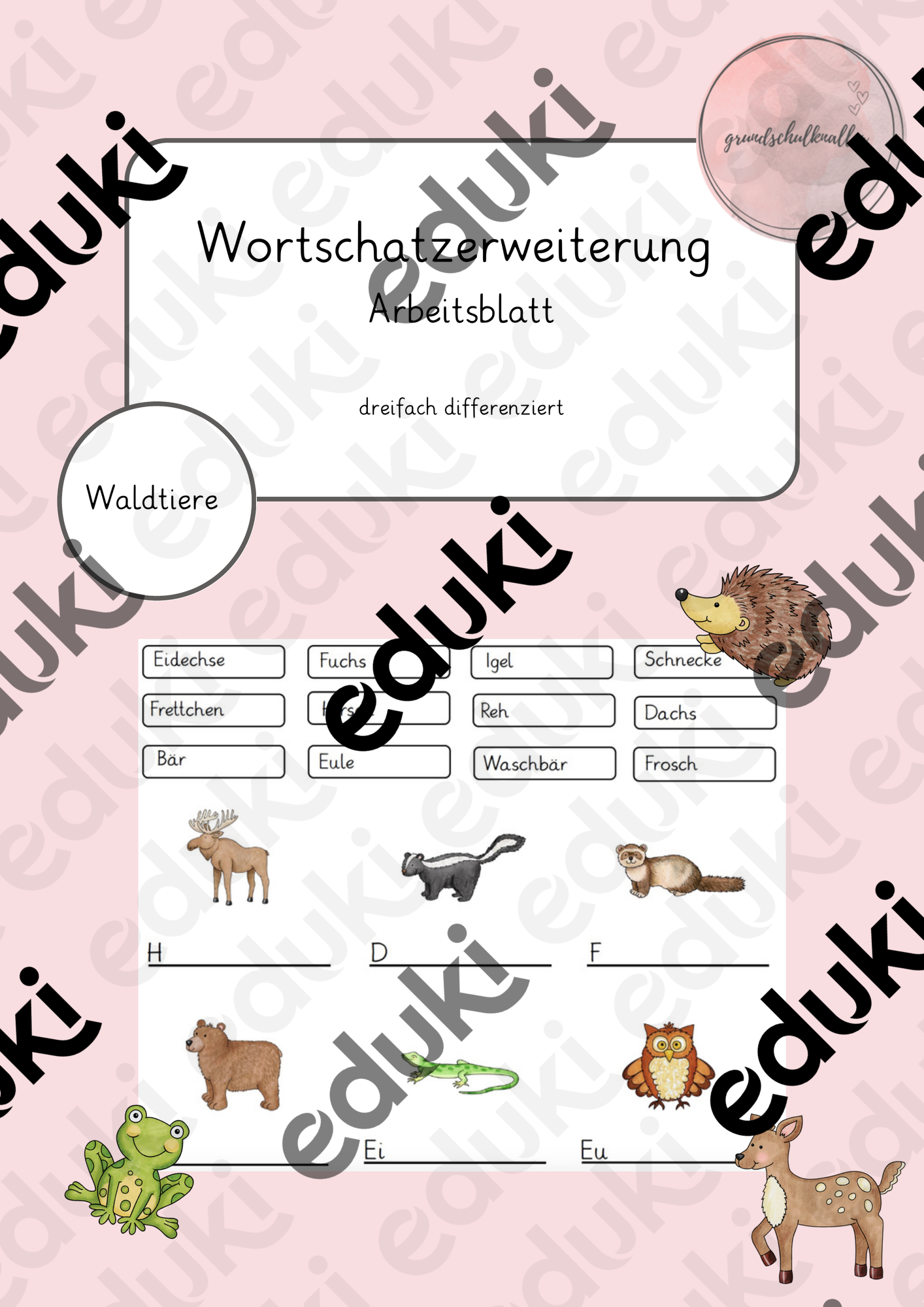 Wortschatz Arbeitsblatt Waldtiere (3-fach differenziert