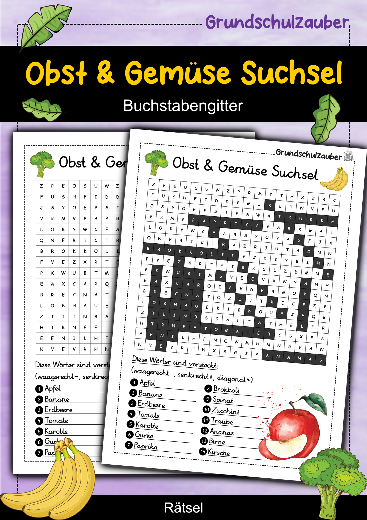 Obst & Gemüse Suchsel - Buchstabengitter – Unterrichtsmaterial im Fach