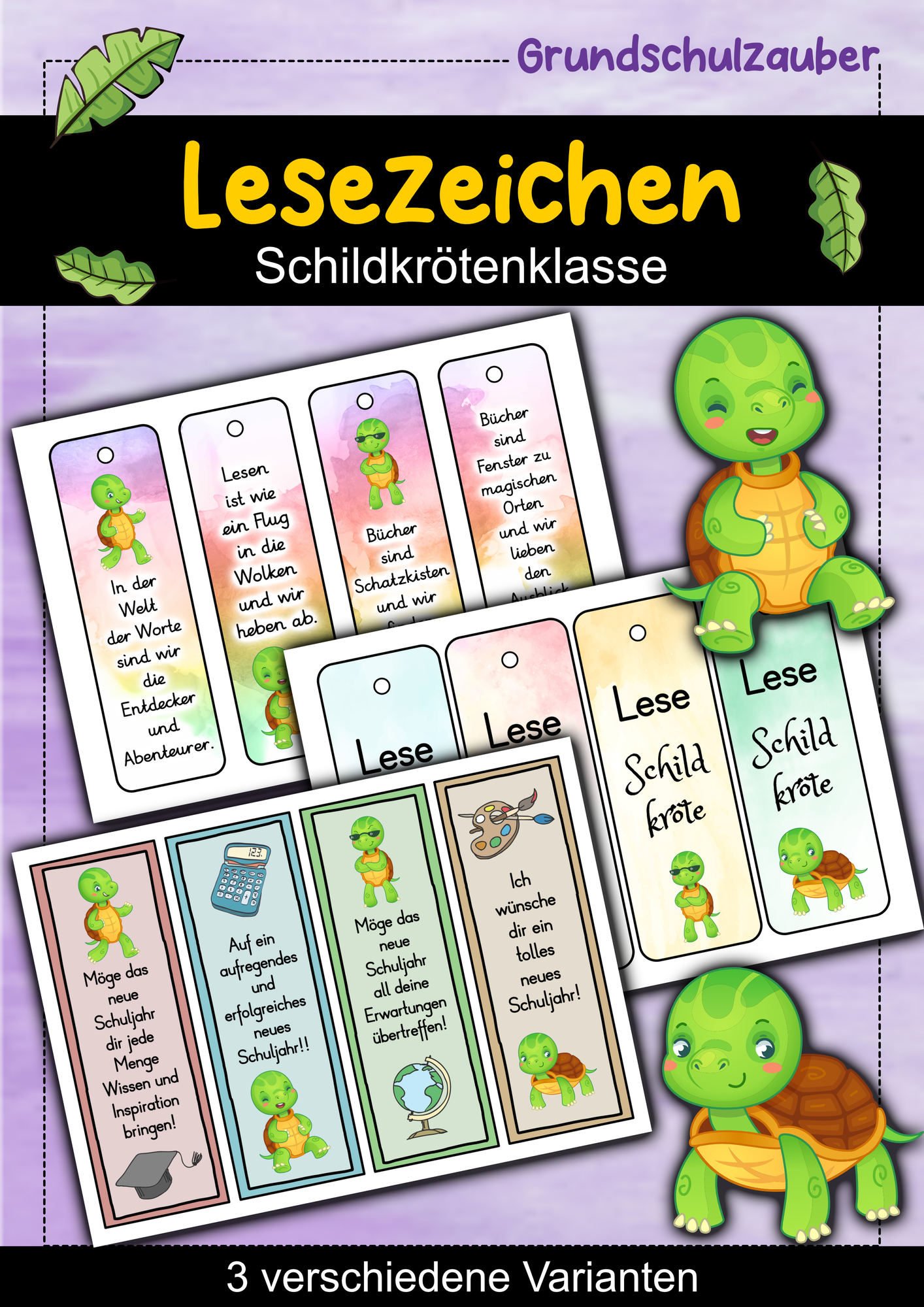 Schildkröte Lesezeichen für die Schildkrötenklasse - 3 Varianten ...