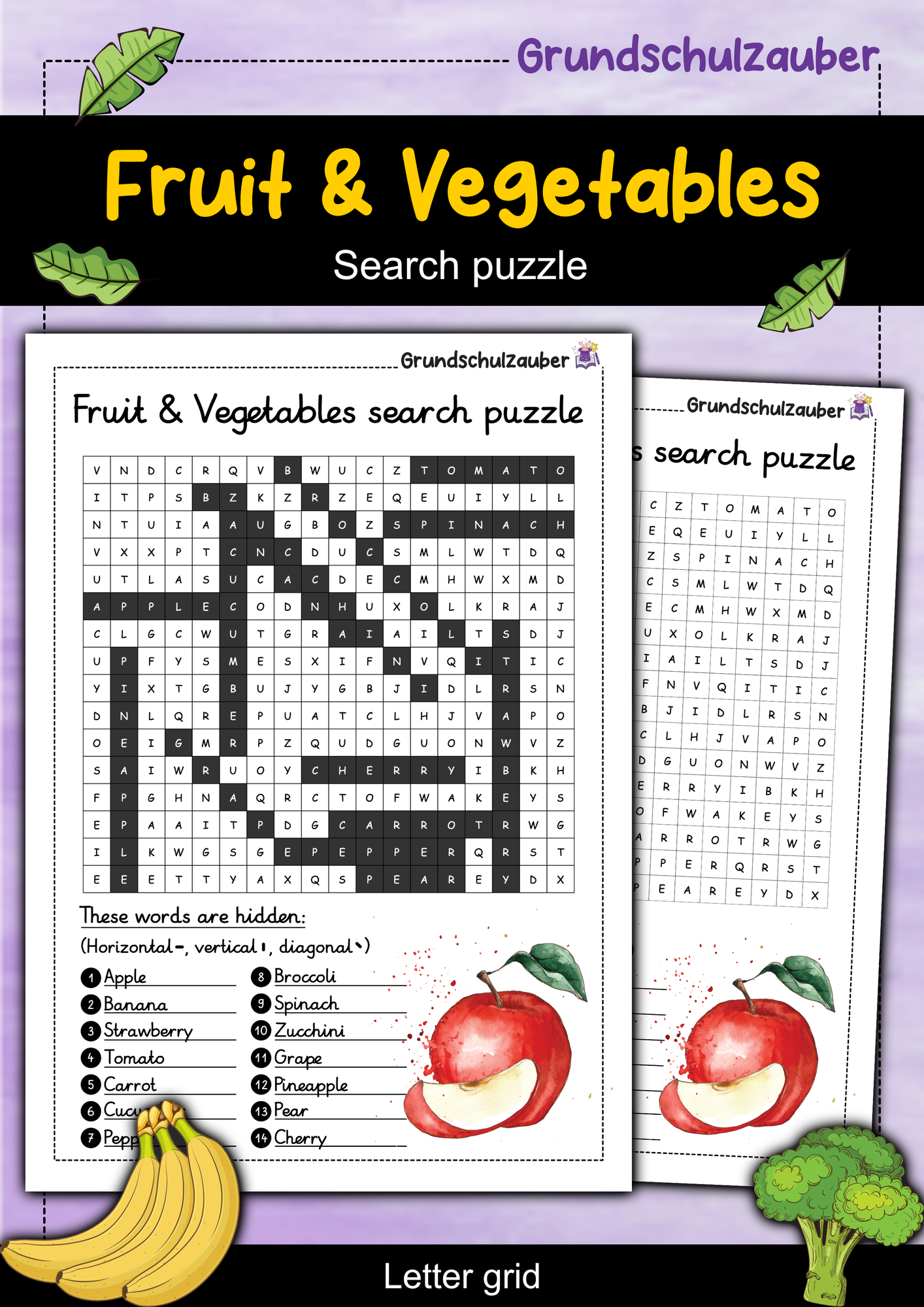 Fruit & Vegetables search puzzle - letter grid (English