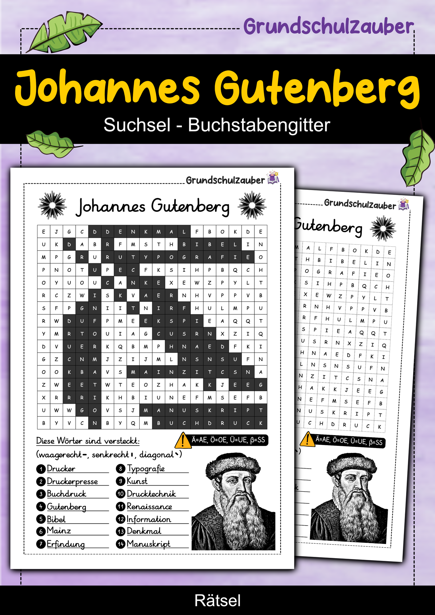 Johannes Gutenberg Suchsel - Buchstabengitter – Unterrichtsmaterial im
