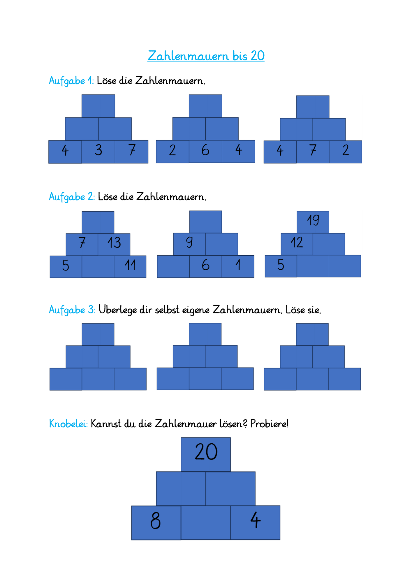 Zahlenmauern - Rechnen und Knobeln im Zahlenraum 20