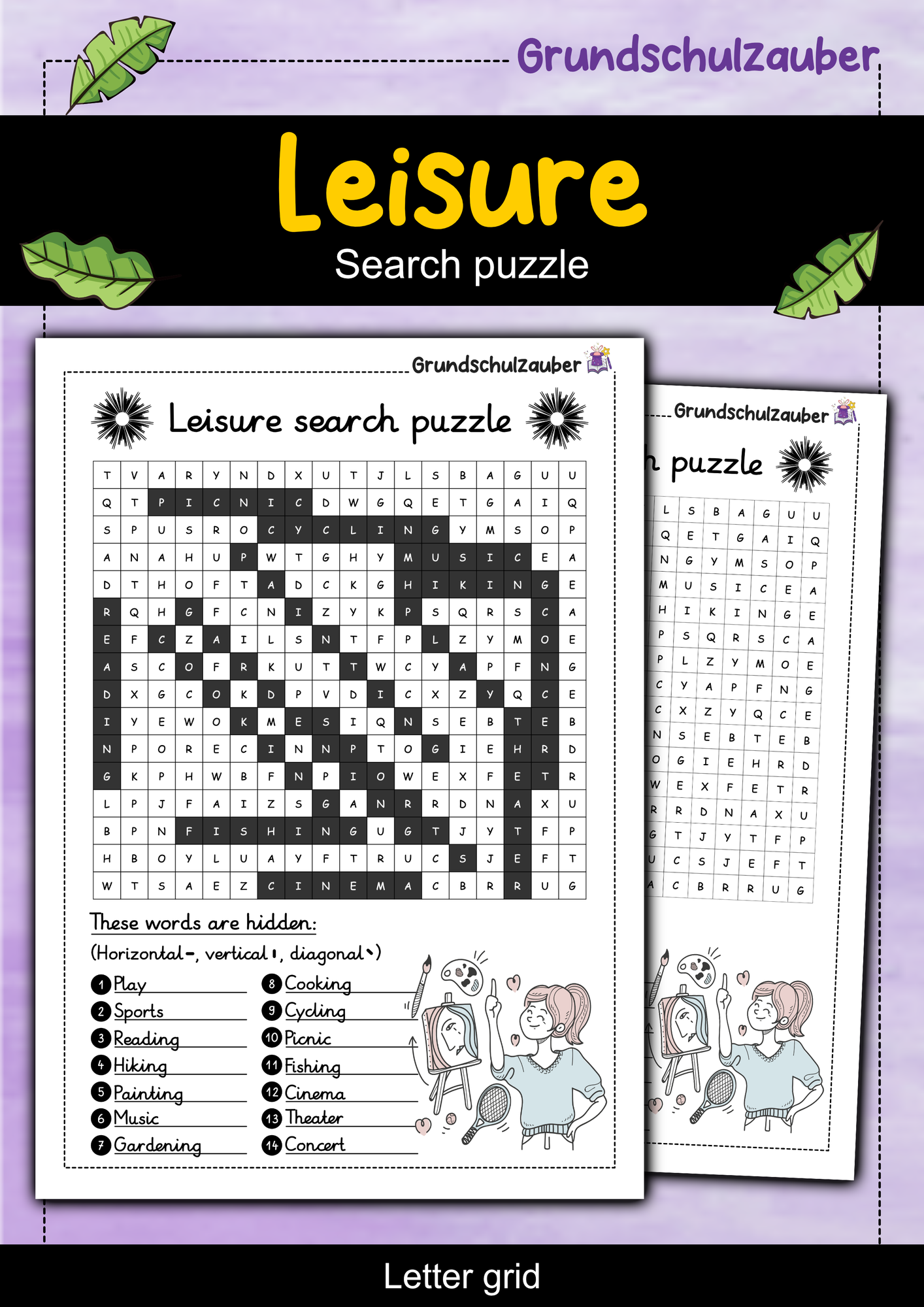 Leisure search puzzle - letter grid (English) – Unterrichtsmaterial in