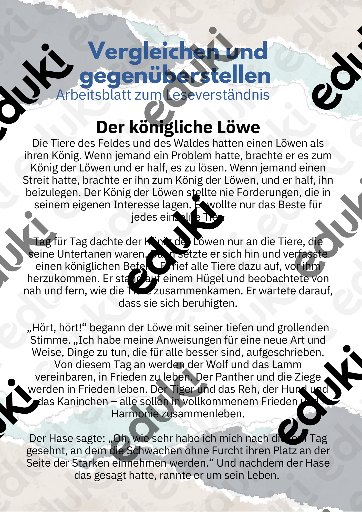 Lesen, Arbeitsblatt zum Leseverständnis Deutsch – Unterrichtsmaterial