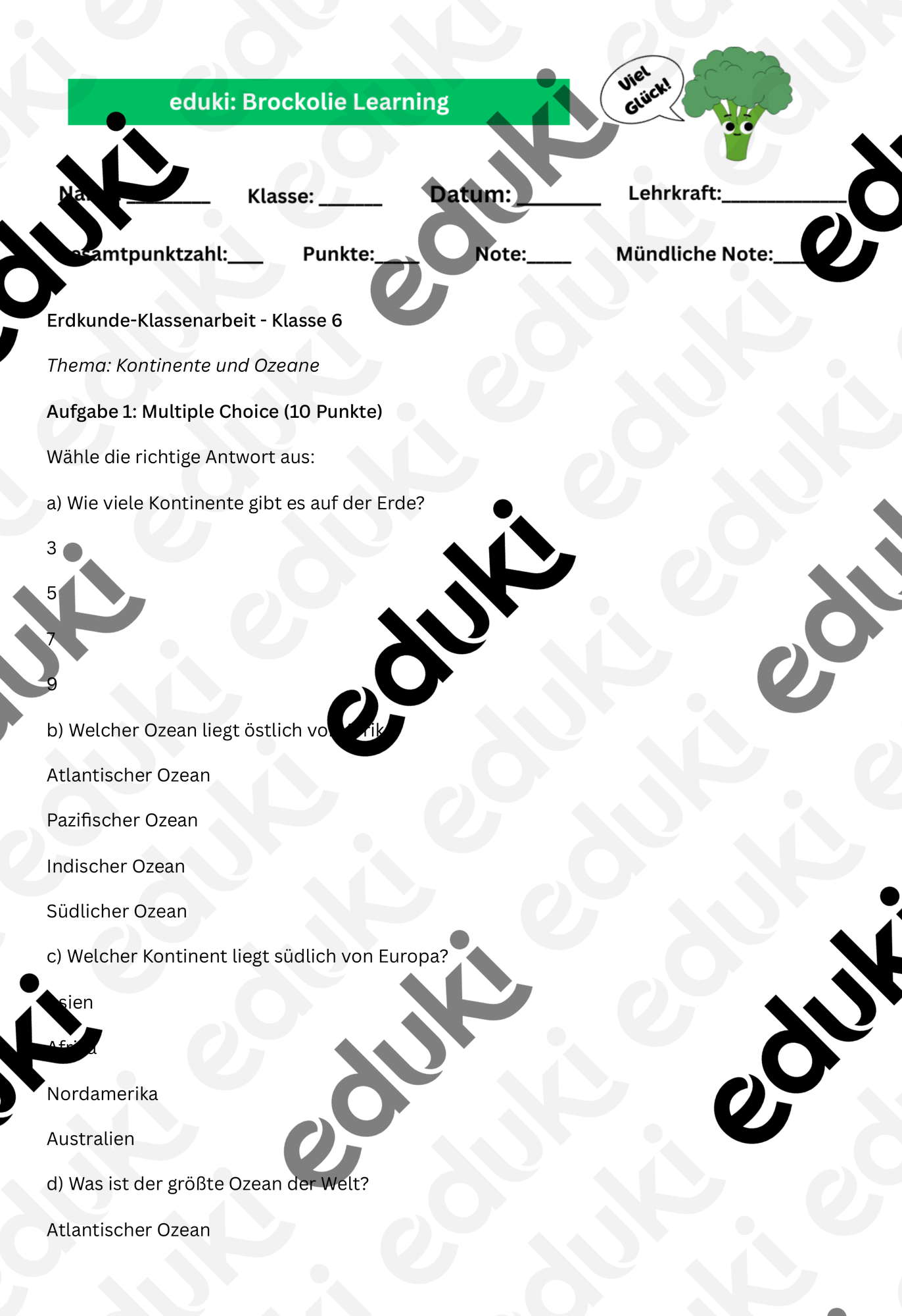 Erdkunde-Klassenarbeit - Klasse 6 Thema Kontinente und Ozeane