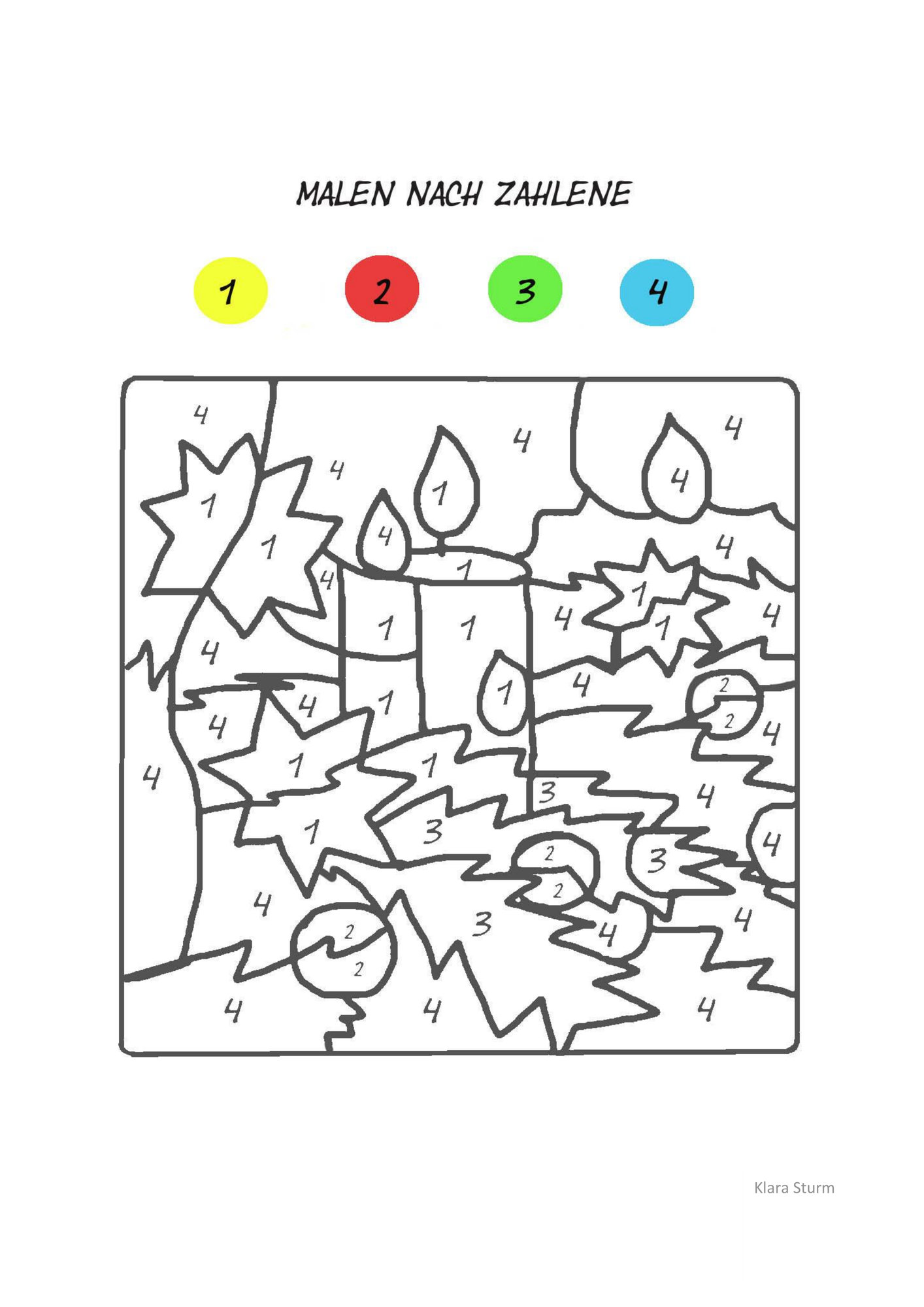 Malen nach Zahlen - Weihnachtsbild mit 4 Farben - für die Vorschule und