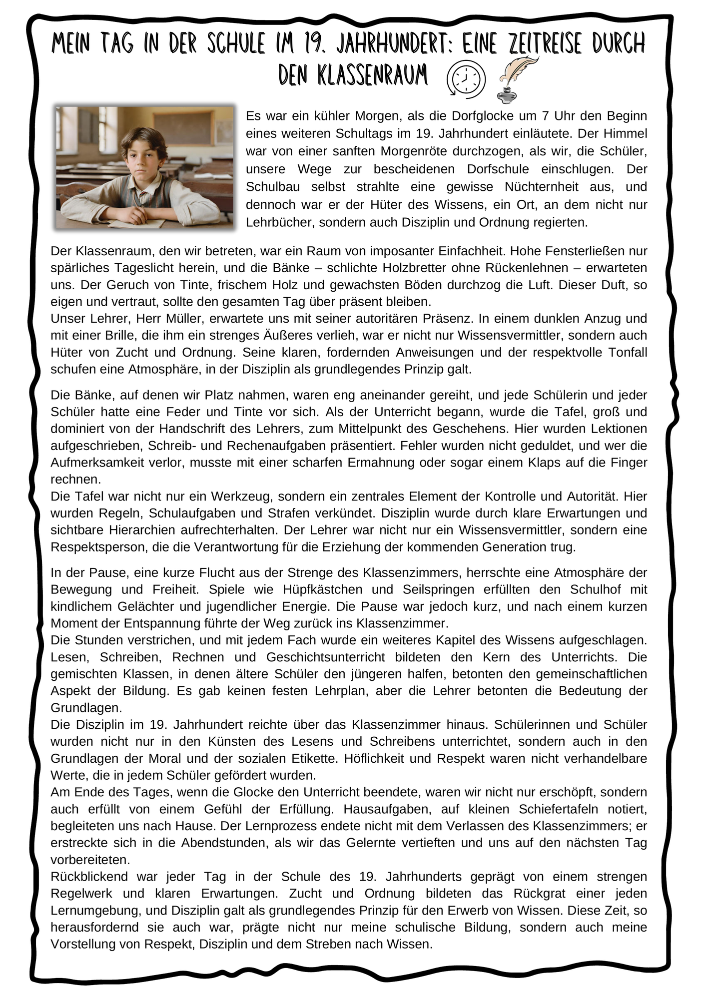 Vier Lesetexte Schule und Unterricht damals mit Aufgaben und Lösung
